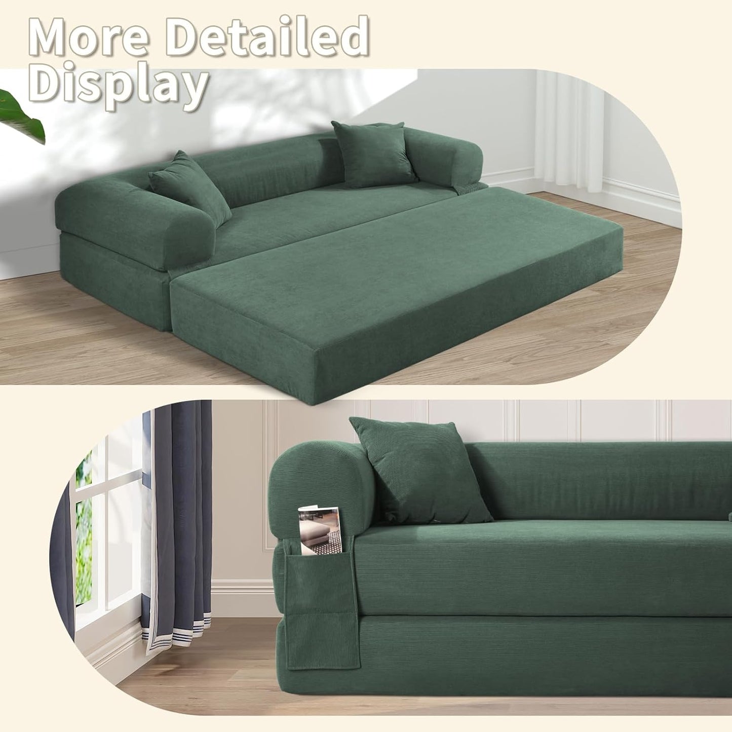 80" Convertible Sofa Bed, 3-in-1 Corduroy Folding Pull Out Couch with Pillows, No Assembly Modern Boneless Couch Compression Sofa in Box, Floor Sofa with Side Storage for Living Room,Light Green