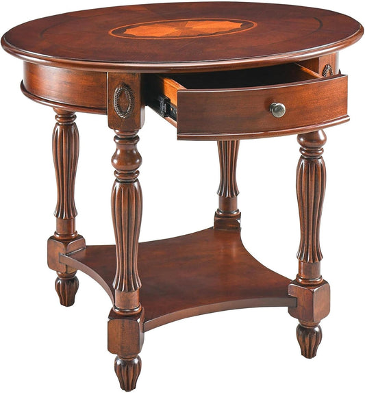 LEEMTORIG Oval Round End Table, 2-Tier Cherry Wood End Table Solid Wood Side Table with Drawer, Victorian Vintage Nightstand for Bedroom Living Room, 28"W x 22"D x 24.2"H, Cherry Walnut CJZ-1533-WD-DR