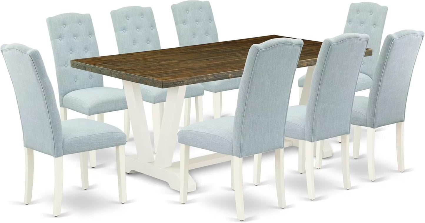 East West Furniture V077CE215-9 9 Piece Dining Room Set Includes a Rectangle Kitchen Table with V-Legs and 8 Baby Blue Linen Fabric Upholstered Parson Chairs, 40x72 Inch, Multi-Color