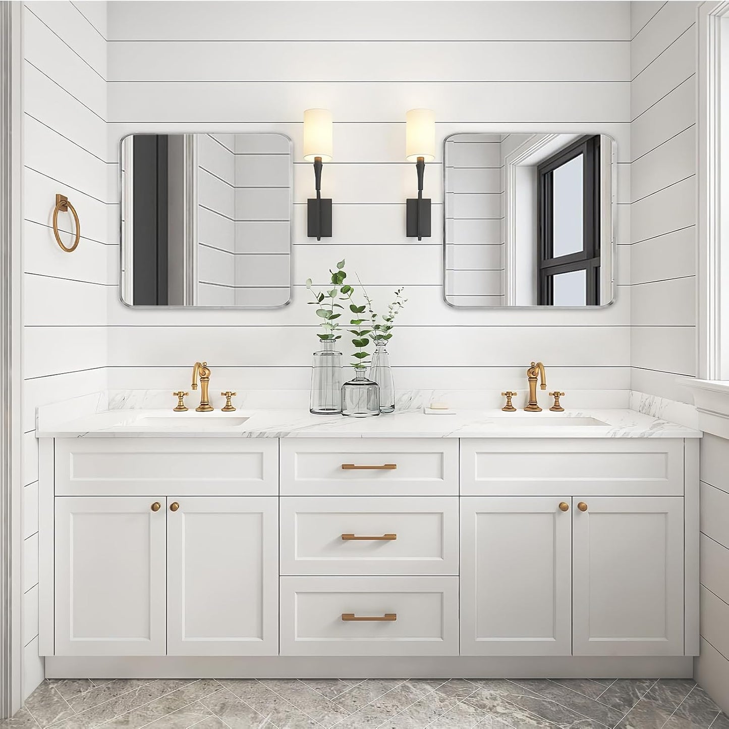 Wall Mount Mirror for Bathroom, Brush Silver Metal Framed Rounded Corner Square Rectangular Vanity Mirror (30" x 30", Silver)