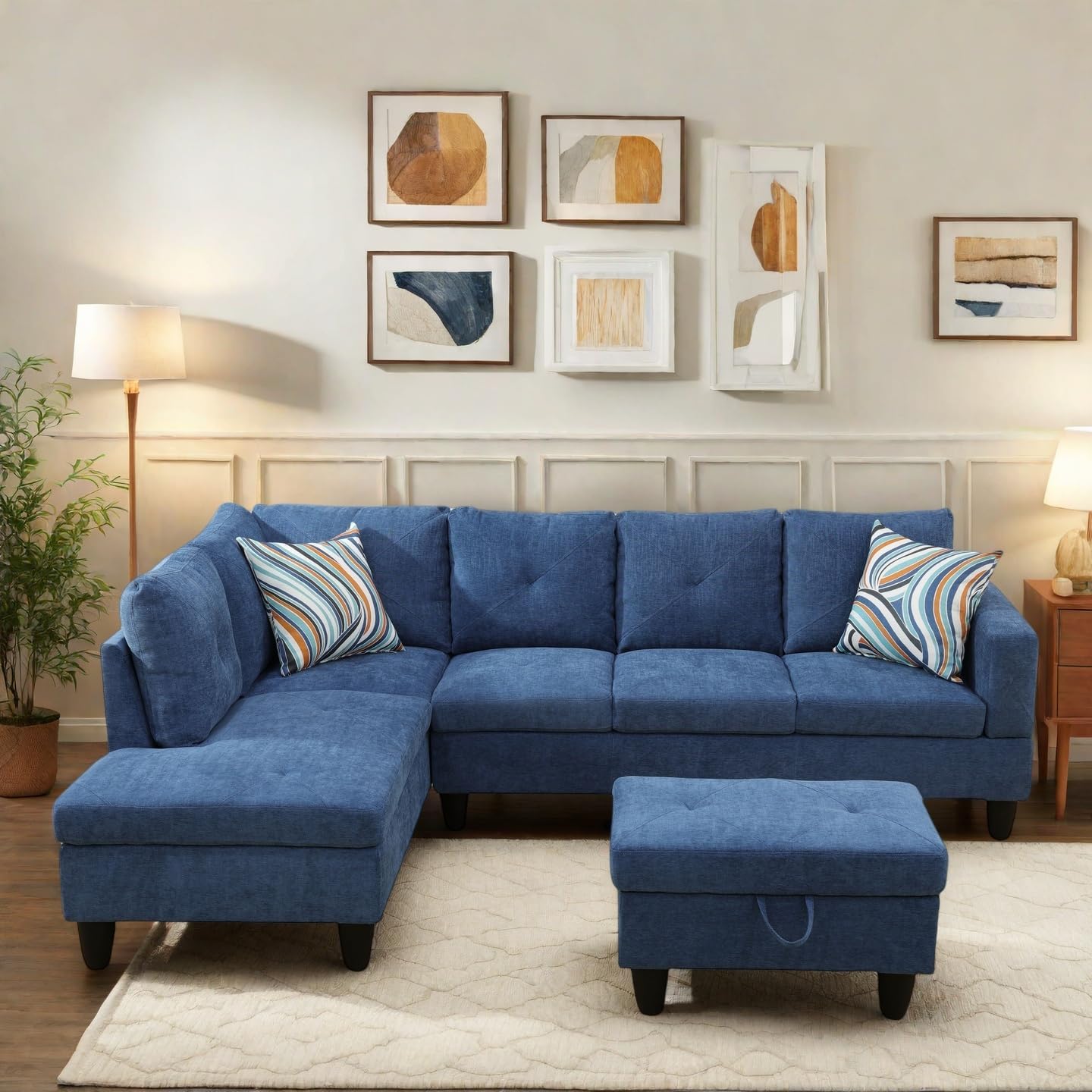 97" L Shaped Sectional Couch, Modern 4 Seat Modular Sectional Sofa with Storage Ottoman, Living Room Sets for Small Spaces, Apartment, Linen, Blue