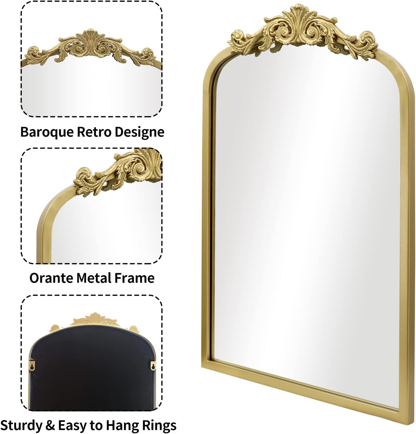 AIXI HOME Gold Arched Mirror 15"x23", Traditional Arendahl Vintage Antique Mirror with Ornate Metal Frame, Baroque Wall Mounted Mirrors for Entryway/Bathroom/Living Room/Hallway/Bedroom