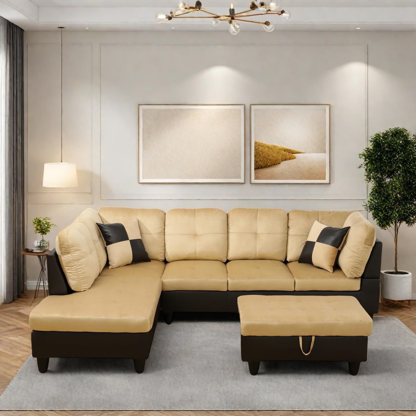 Modern Living Room Furniture Sets with Pillows, Modular Sectional Couches with Chaise Lounge, 4-Seaters L Shape Sofa with Storage Ottoman, for Living Room, Beige and Brown