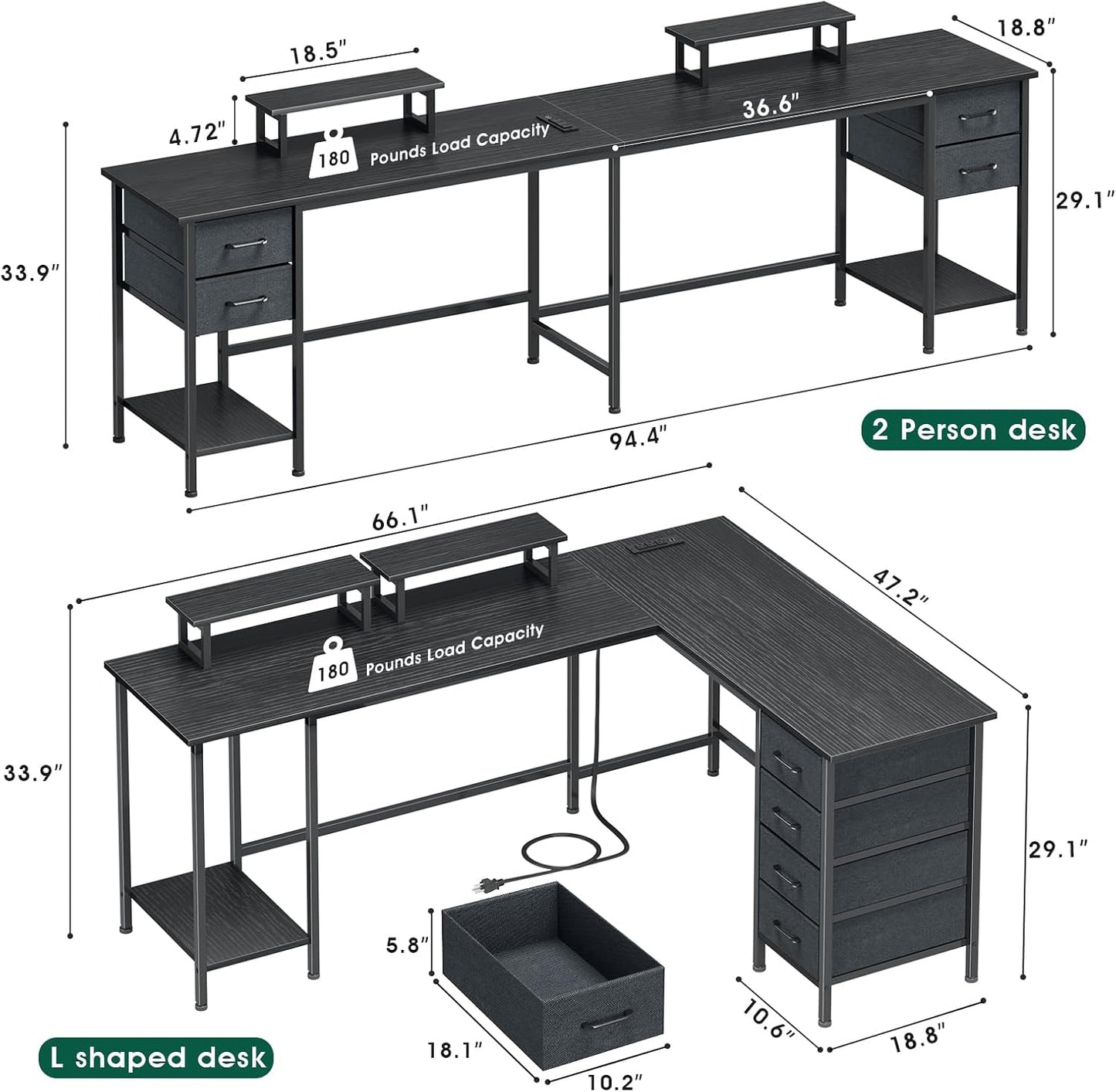 66" L Shaped Computer Desk, 94.4'' Home Office Desk with Power Outlets, 4 Adjustable Storage Drawers & 2 Monitor Stands, Large Two Person Gaming Table for Writing Study, Black