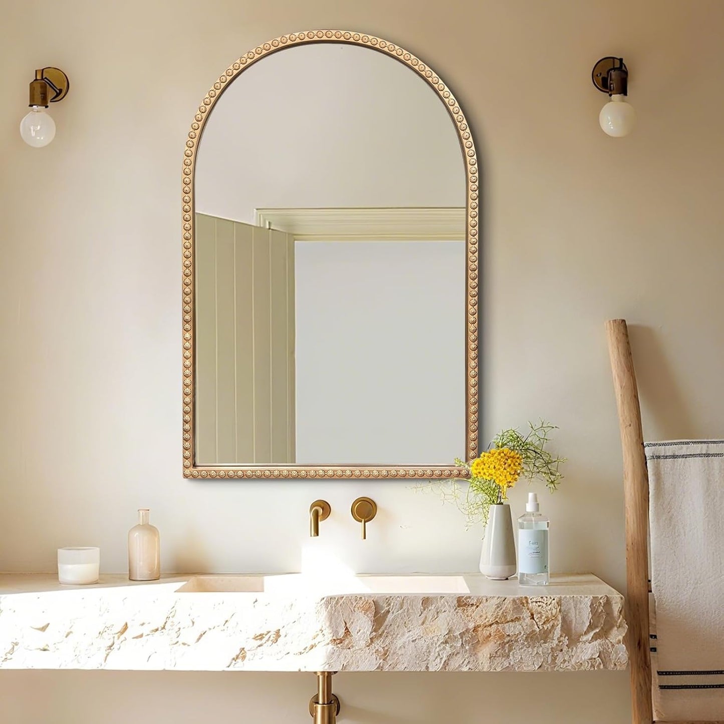 Gold Arched Mirror, 24"x36" Arch Vanity Mirrors for Bathroom, Metal Beaded Frame Decorative Accent Mirror, Ornate Vintage Mirrors for Fireplace Bedroom Living Room Hallway Entryway