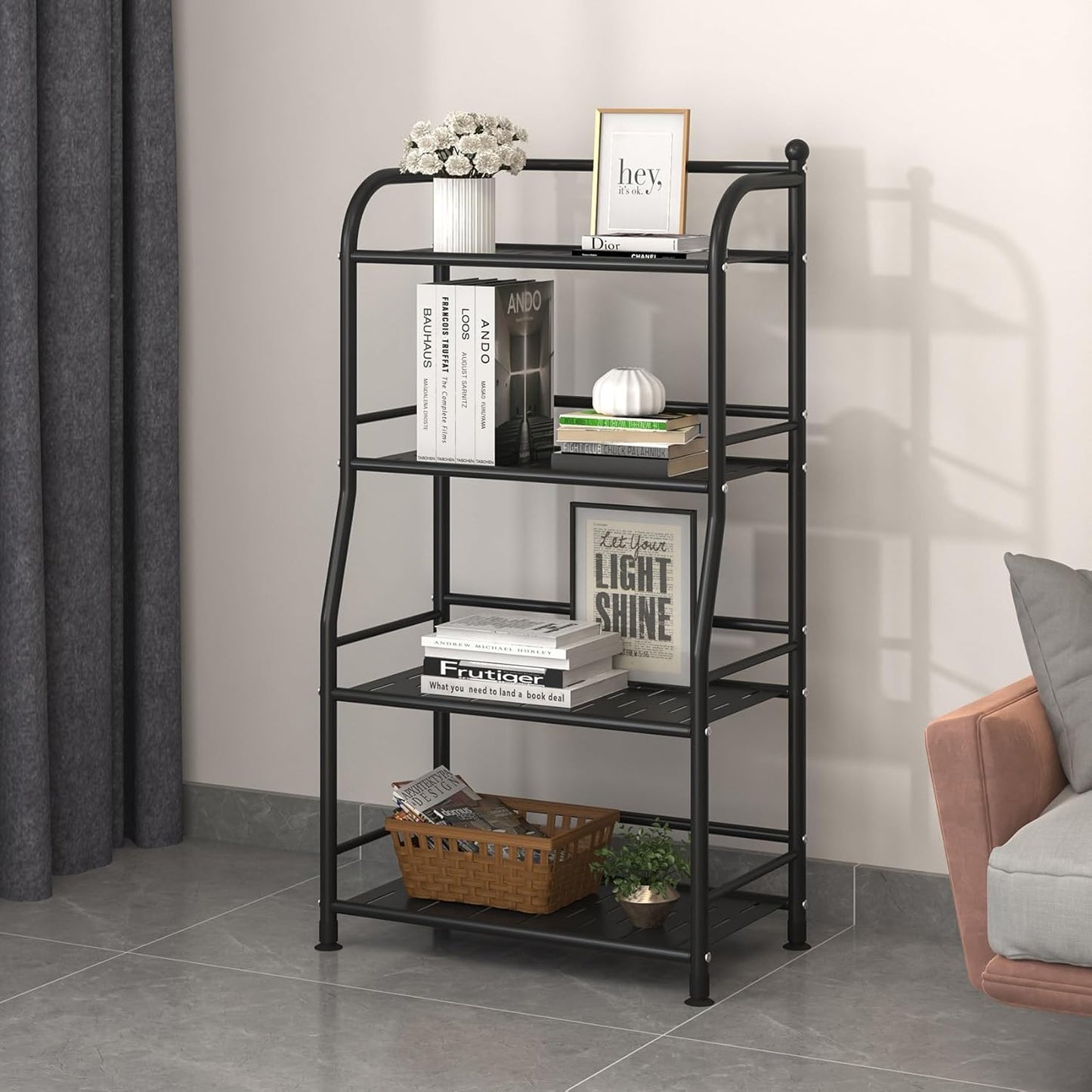 4 Tier Metal Shelf Storage Shelves Living Room Bookshelf Bathroom Corner Storage Rack for Kitchen,Indoor Plant Stand (Matte Black, 4 Tier)