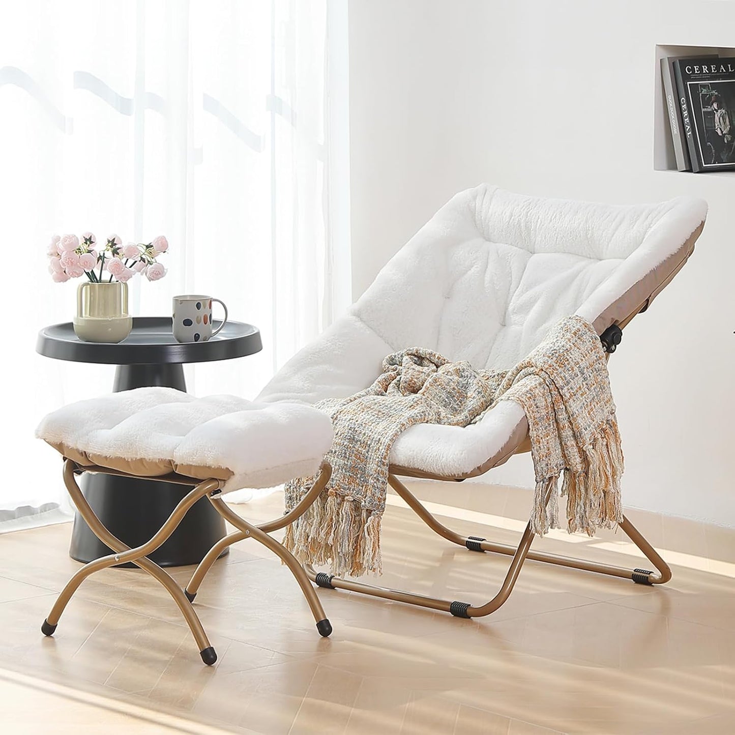 Saucer Chair with Ottoman, Comfy Bedroom & Living Room Chairs, Foldable Metal Frame Chair (White)