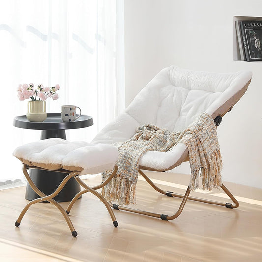 Saucer Chair with Ottoman, Comfy Bedroom & Living Room Chairs, Foldable Metal Frame Chair (White)