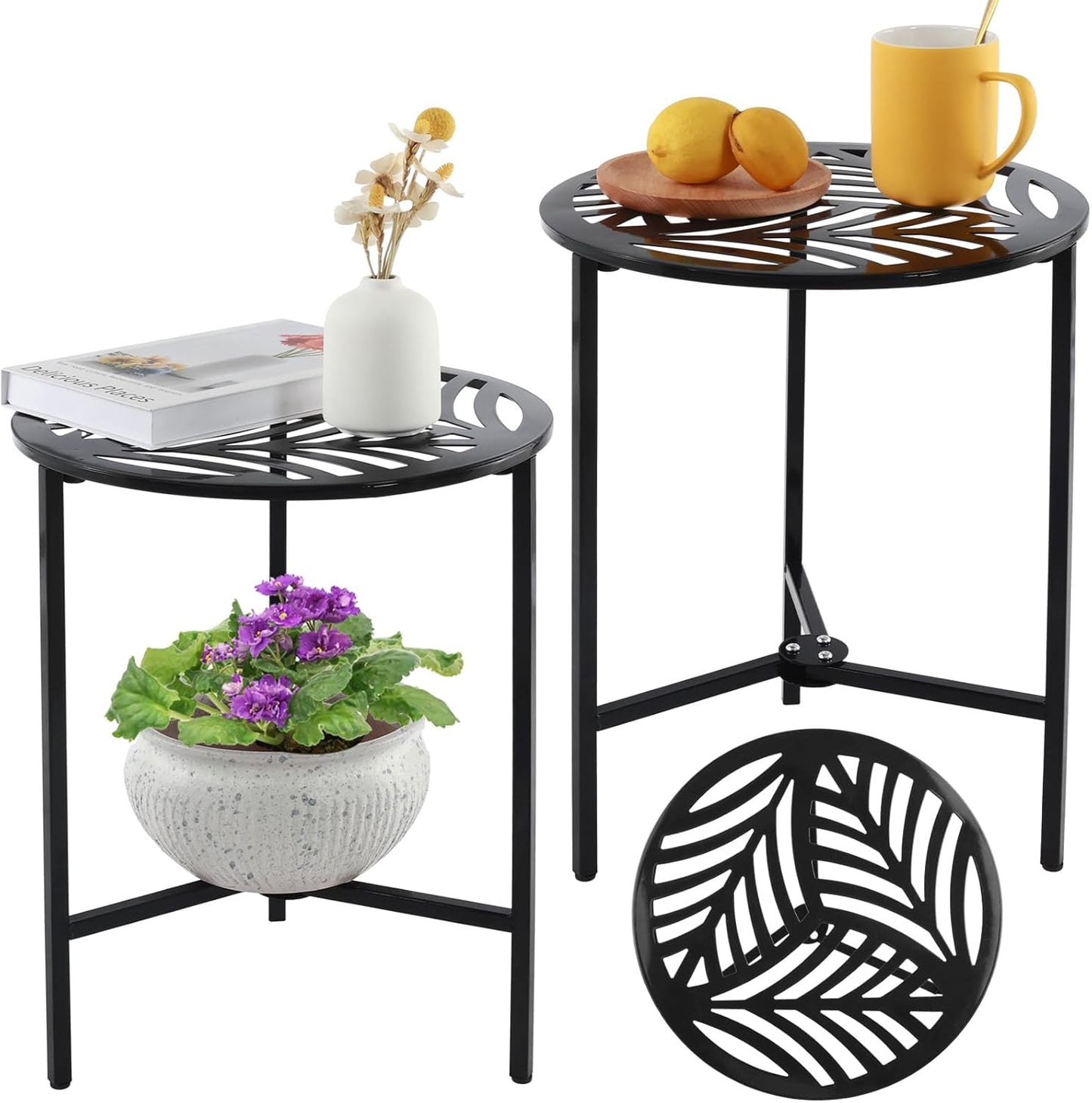 2 Packs 13" Metal Outdoor Side Tables Small Black Outside End Table for Patio Round Accent Garden Corner Stand for Small Spaces Weather-resistant Coffee Table for Balcony Porch Plant Stand