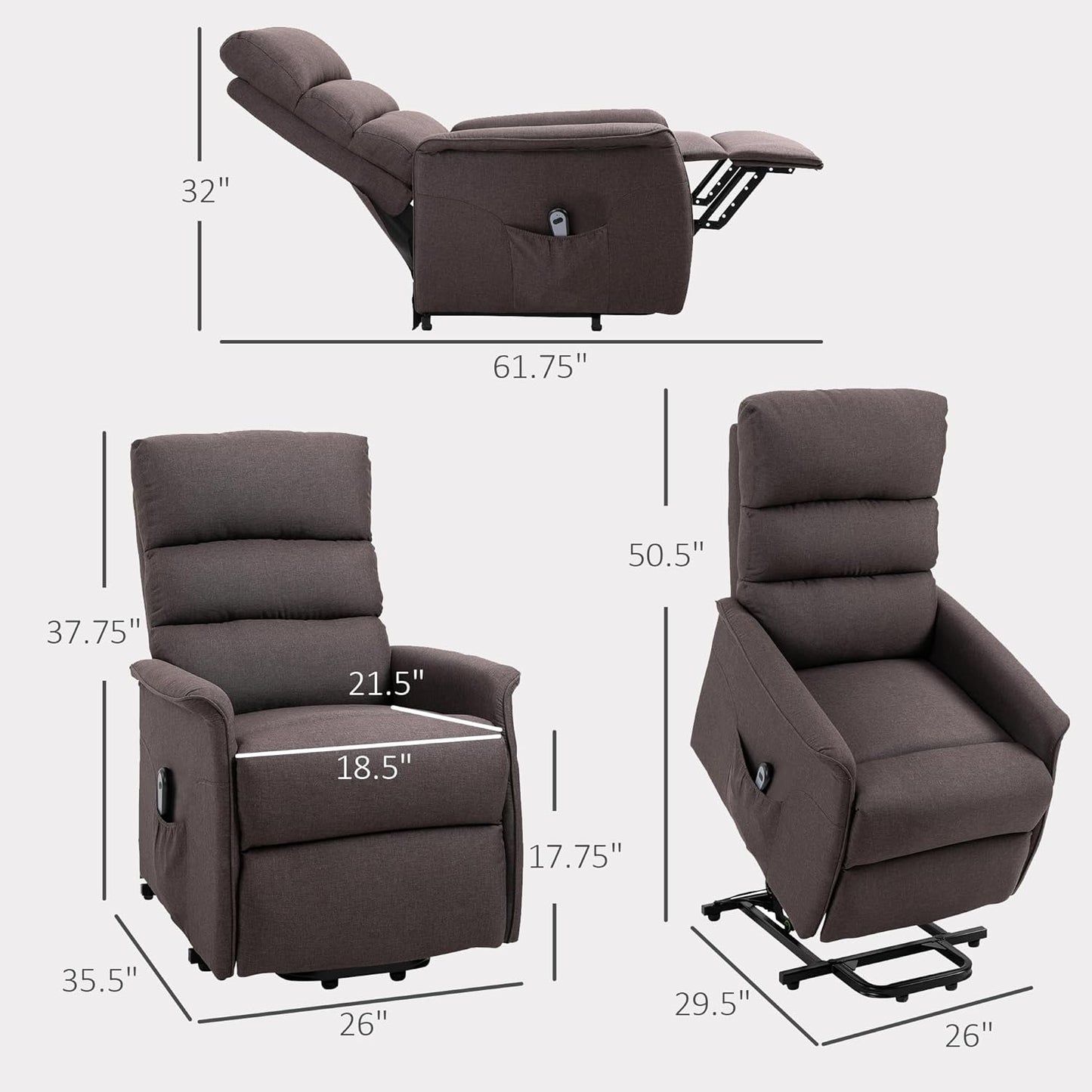 HOMCOM Power Lift Recliner Chair for Elderly, Easy Assembly, Fabric Lift Chair for Adults, Recliner Sofa with Remote Control, Side Pockets for Living Room, Brown