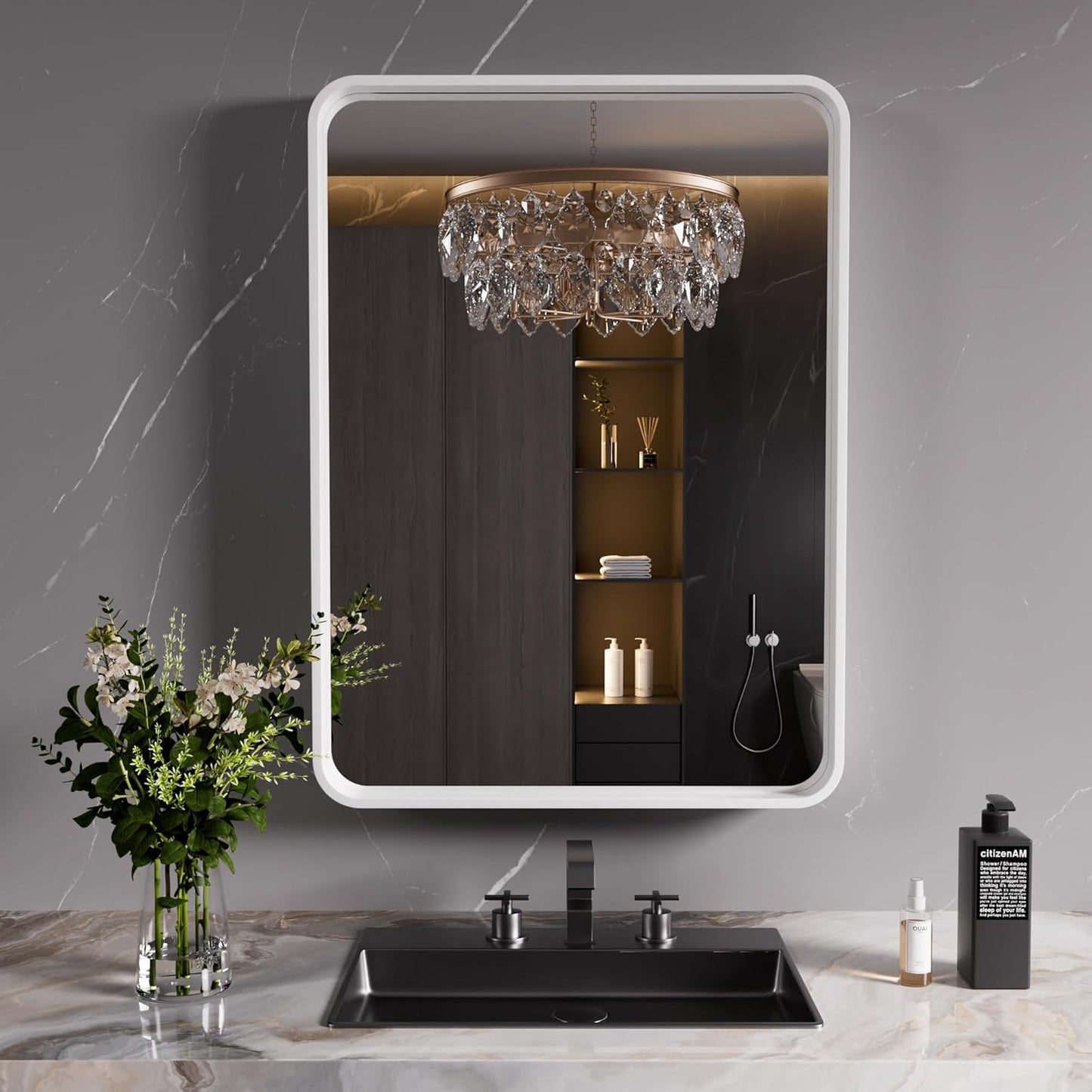 White Bathroom Mirror 22x30 Inch, White Metal Framed Bathroom Mirror for Wall, Rounded Rectangle Matte Bathroom Vanity Mirror, Tempered Glass, Anti-Rust, Horizontal/Vertical