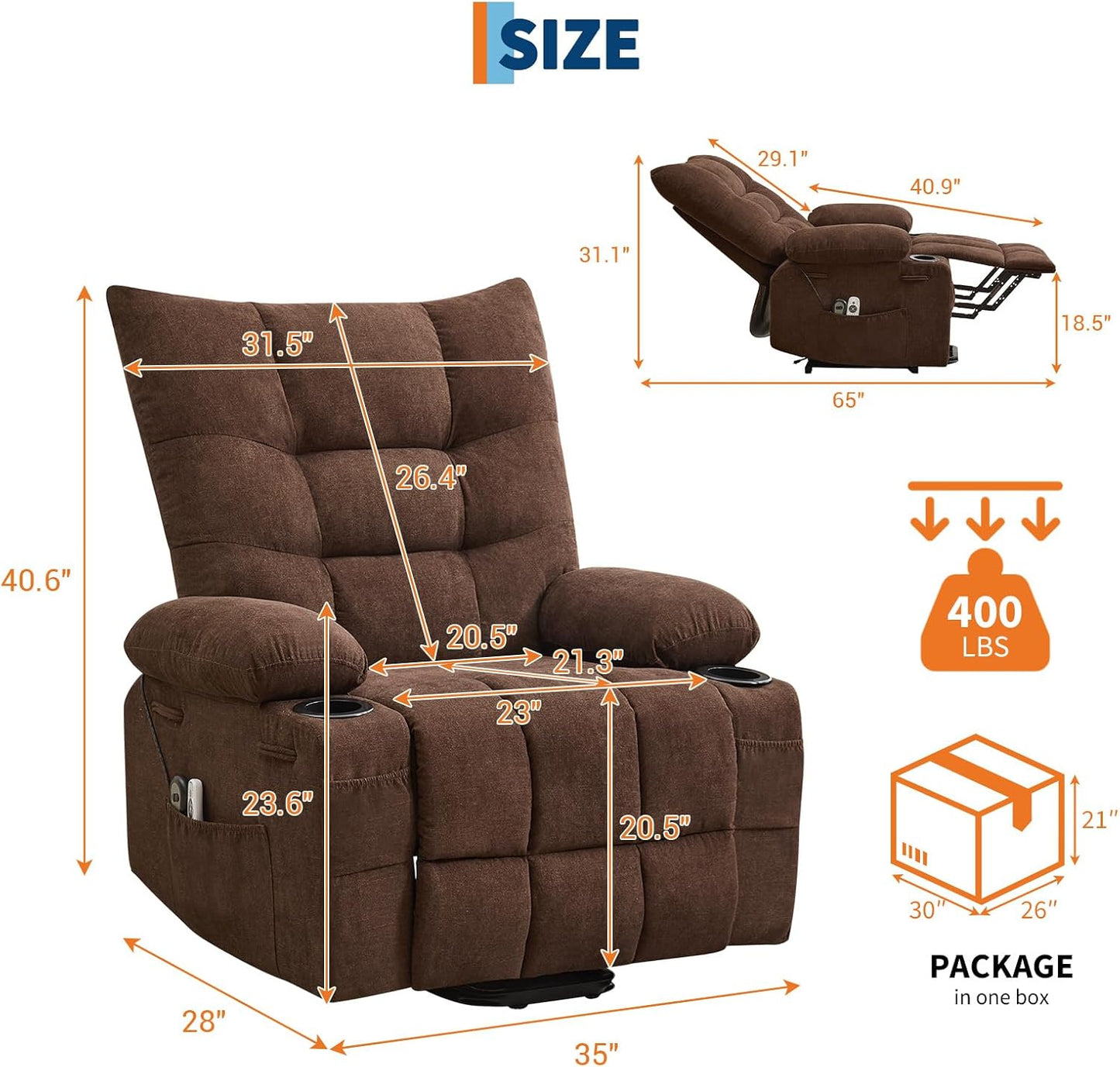 GarveeHome Power Lift Recliner Chair for Elderly with Massage and Heat, Oversized Electric Massage & Heat Recliner with Soft Padded Upholstery, Side Pocket & Cup Holders for Living Room, Brown