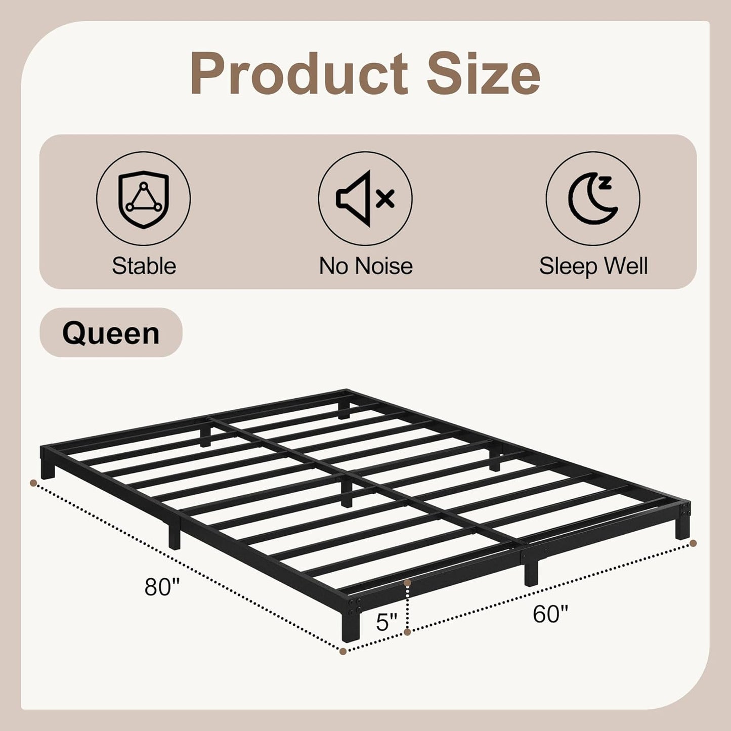 5 Inch Low Queen Bed Frame, Heavy Duty Bed Frame Queen Size Low Profile, No Box Spring Needed, Easy Assembly, Noise Free, Black