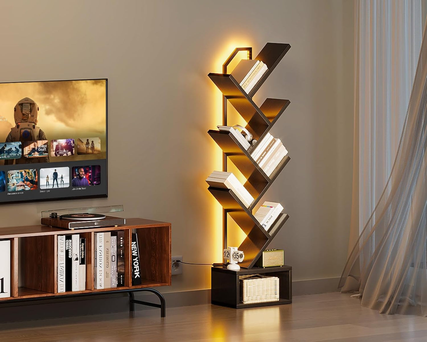 Casaottima 6-Tier Tree Bookshelf — Narrow Floor Standing Bookcase, Tall Steel & Wood Book Organizer Shelf with Cabinet, Home Decor for Living Room/Bedroom/Home Office, Black