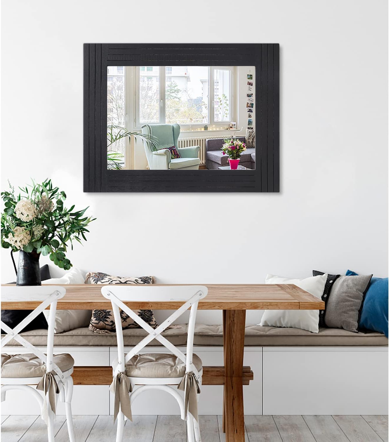 Black Wall Mirror Rectangular Vintage Rustic Wood Framed Large Mirror Deco Farmhouse Living Room Bathroom Bedroom Entrance Mirror 26" x 18"