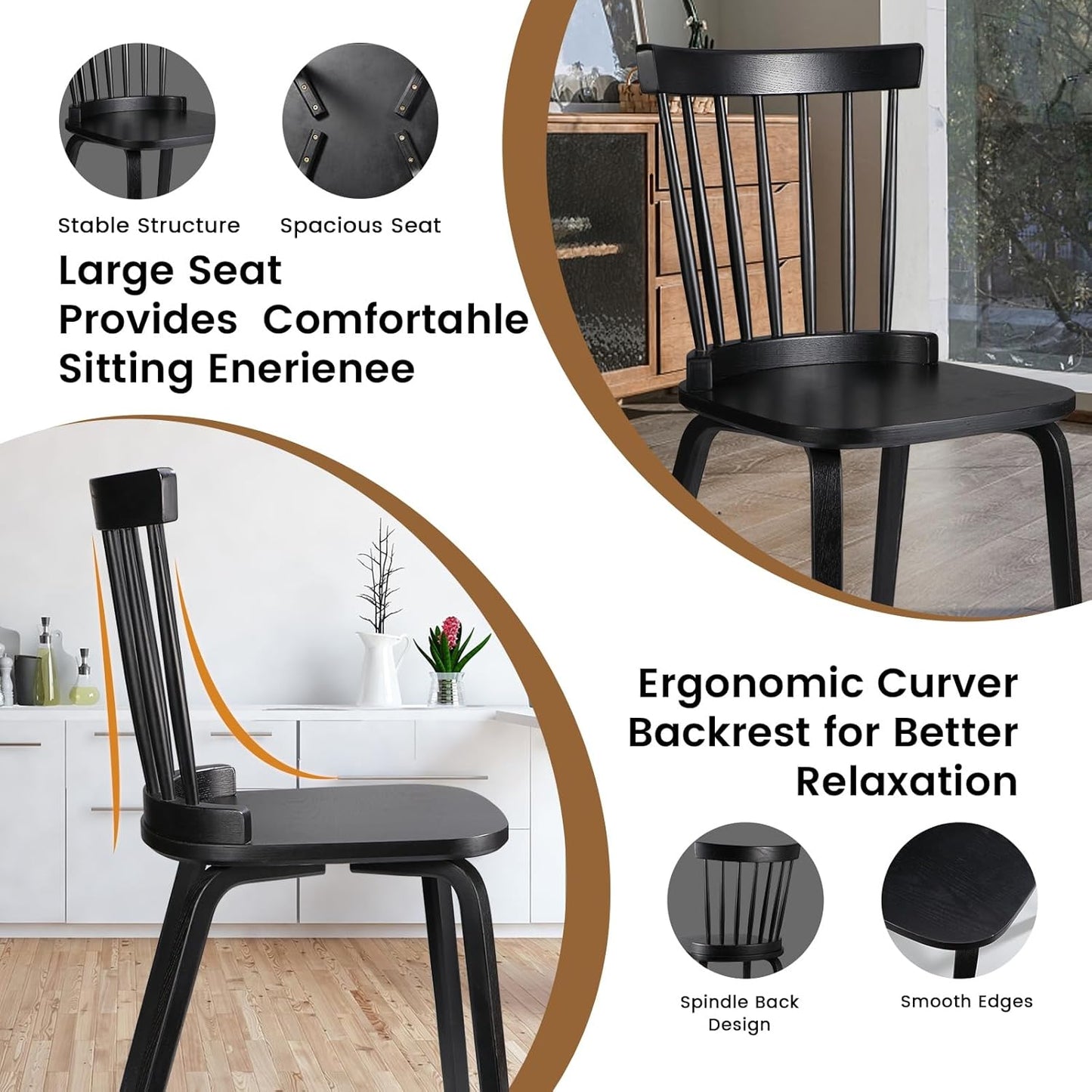 Unovivy Wood Dining Chairs Set of 4, Farmhouse Spindle Back, Widen Seat, Modern Mid-Century Country Style, for Living Room Restaurant, Black