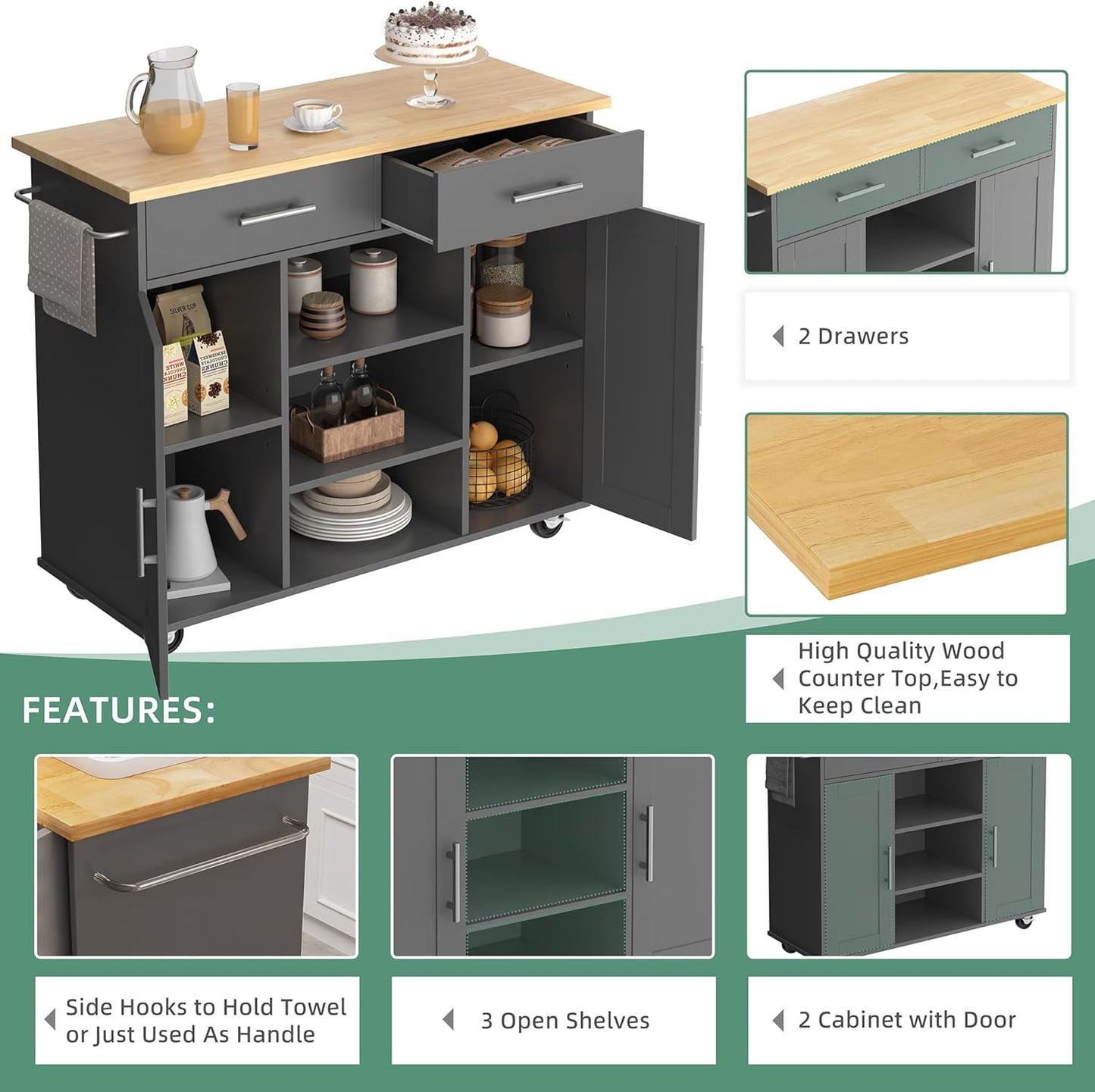 Shintenchi Kitchen Island with Storage, Kitchen Island Cart on Wheels with 3 Open Shelves, 2 Drawers and 2 Cabinets, Rolling Kitchen Table with Large Countertop, Gray