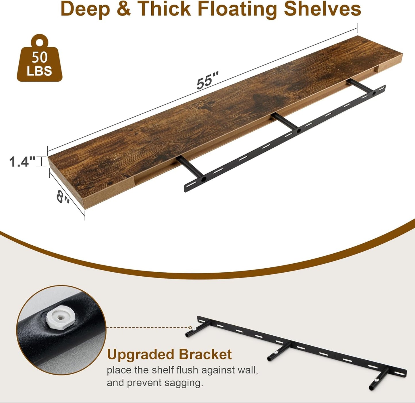 Fun Memories Floating Shelves 55 Inch Long, 8 Deep Floating Shelves for Wall, Large 55 x 8 Display Shelves for Living Room, Kitchen, Wood Deep Wall Shelves for Home Storage, Rustic Brown, 1 Pack