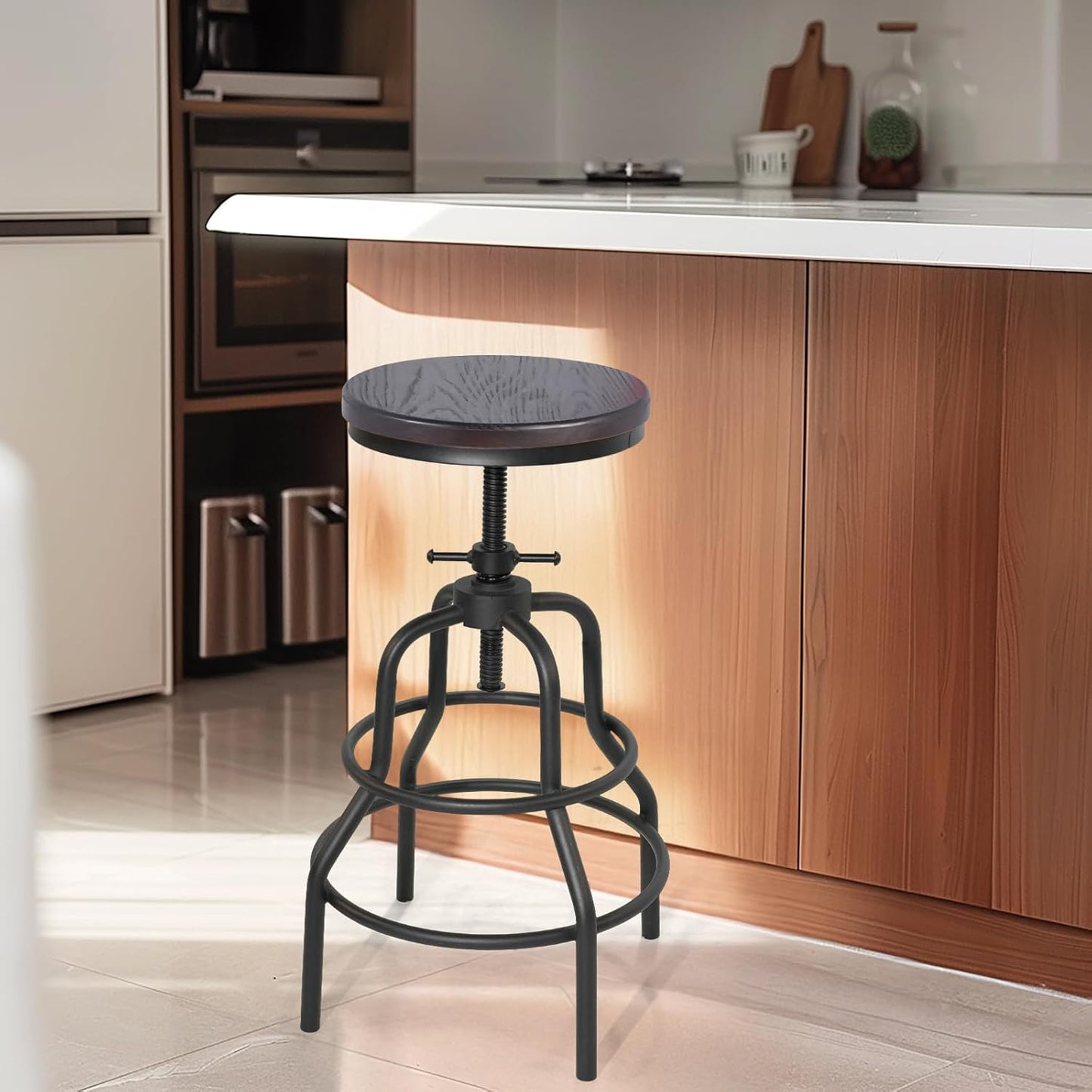 LOKKHAN Vintage Industrial Bar Stool-Rustic Swivel Bar Stool-Round Walnut Wood Metal Stool-Counter/Bar Height Adjustable Pipe Stool-Cast Steel Stool 23.62"-29.52" (Set of 2)