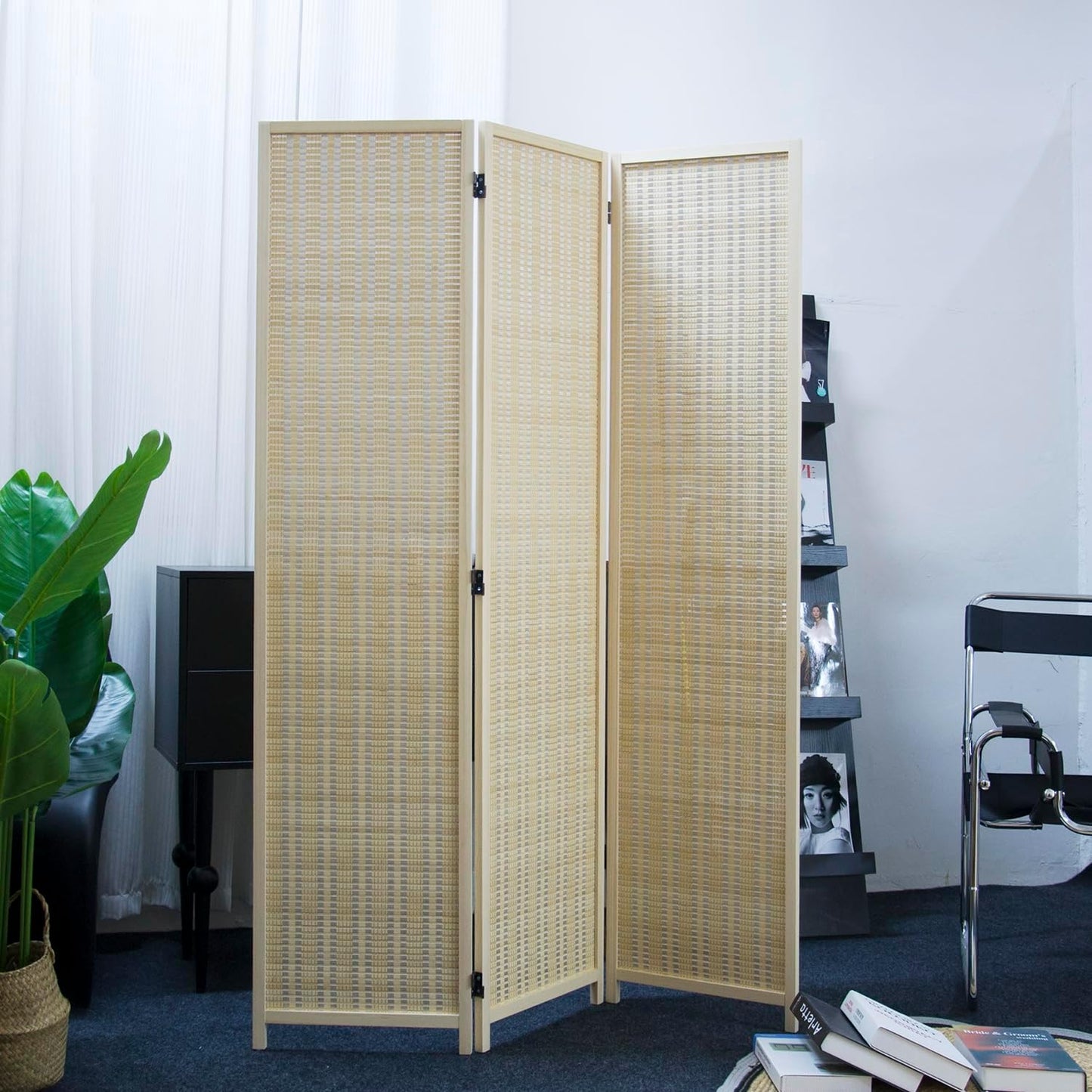 3 Panel Room Divider and Folding Panel Screen,Bamboo Panel Divider Screen for Room Separation,Beige,67" H x 46" W
