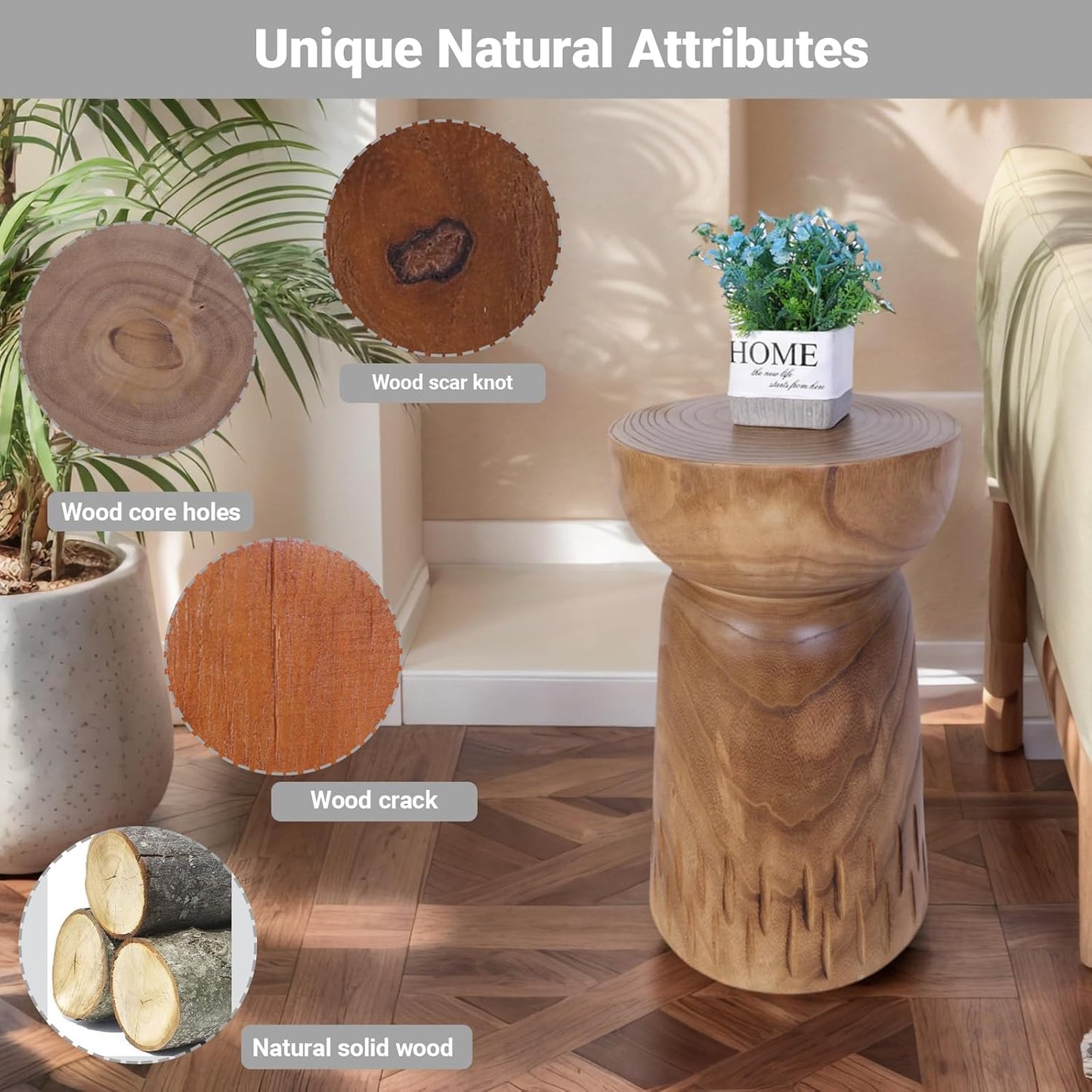 Athaliah 19”H Rustic Tree Stump Side Table – Natural Wooden End Table, Round Wood Accent Stool for Living Room, Patio, Garden, Balcony, or Home Decor（Natural Color）