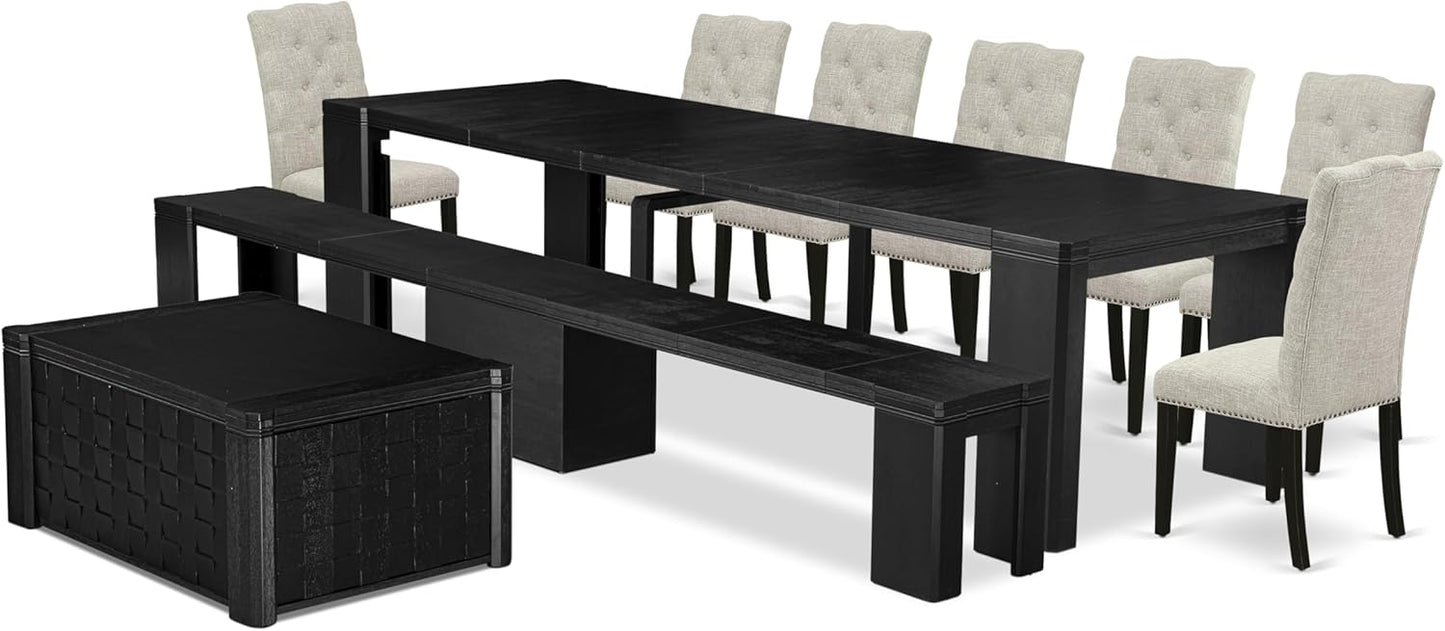 X07EL-BC6-35 - 10-Pc Kitchen Table Set a Rectangular Dining Table with a coffee Table wooden Bench & 7 Doeskin Linen Fabric Dining Chair, 39x120 Inch, Wire Brushed Black