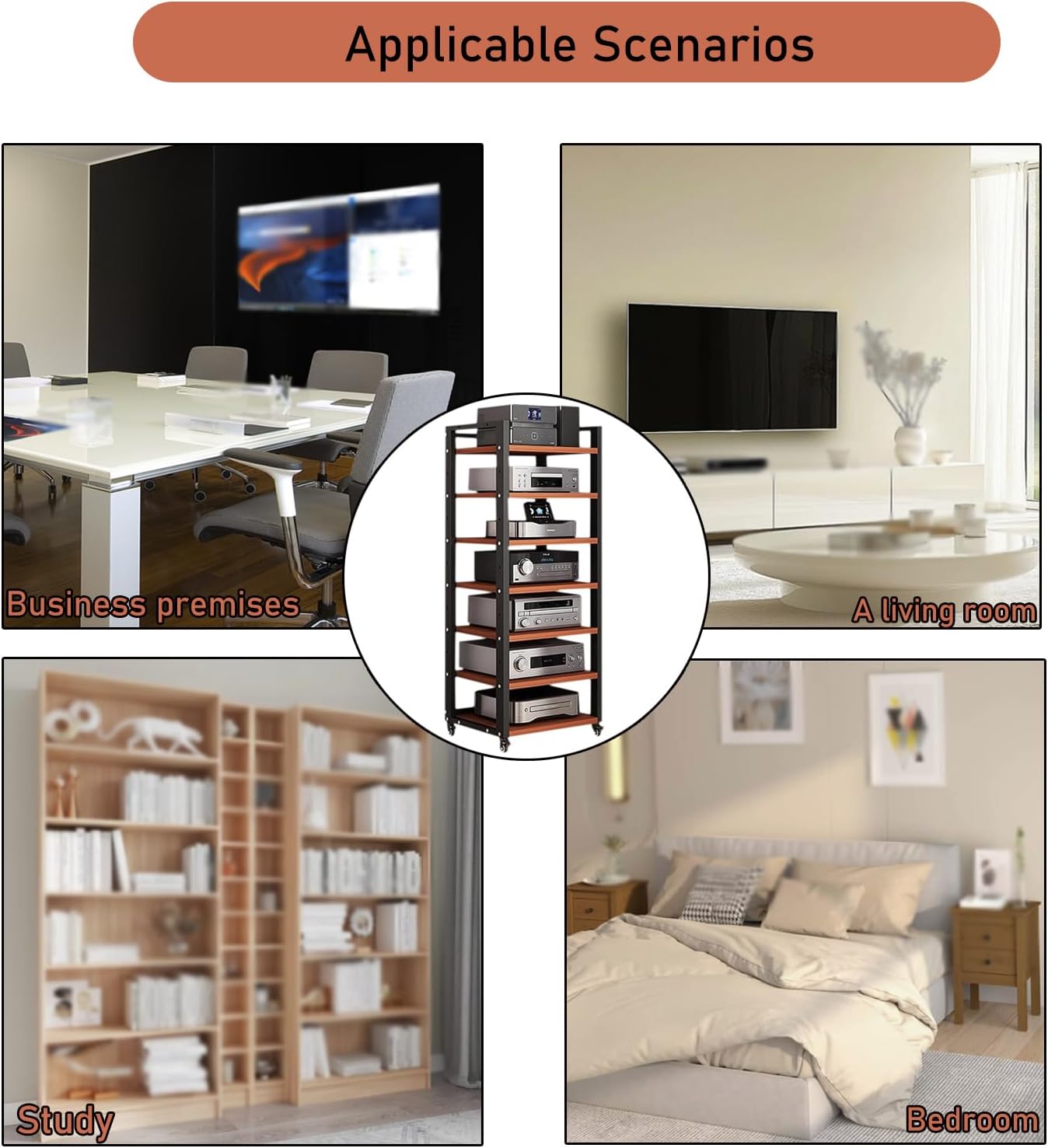 7 Tier Audio Rack Tower, CD Record Player Stereo Receiver AV Equipment Cabinet Display Rack, Weight capacity 661 lbs, with Adjustable Wooden Shelves for Home (TEAKWOOD, 7 TIER 55×19.7×15.7IN)