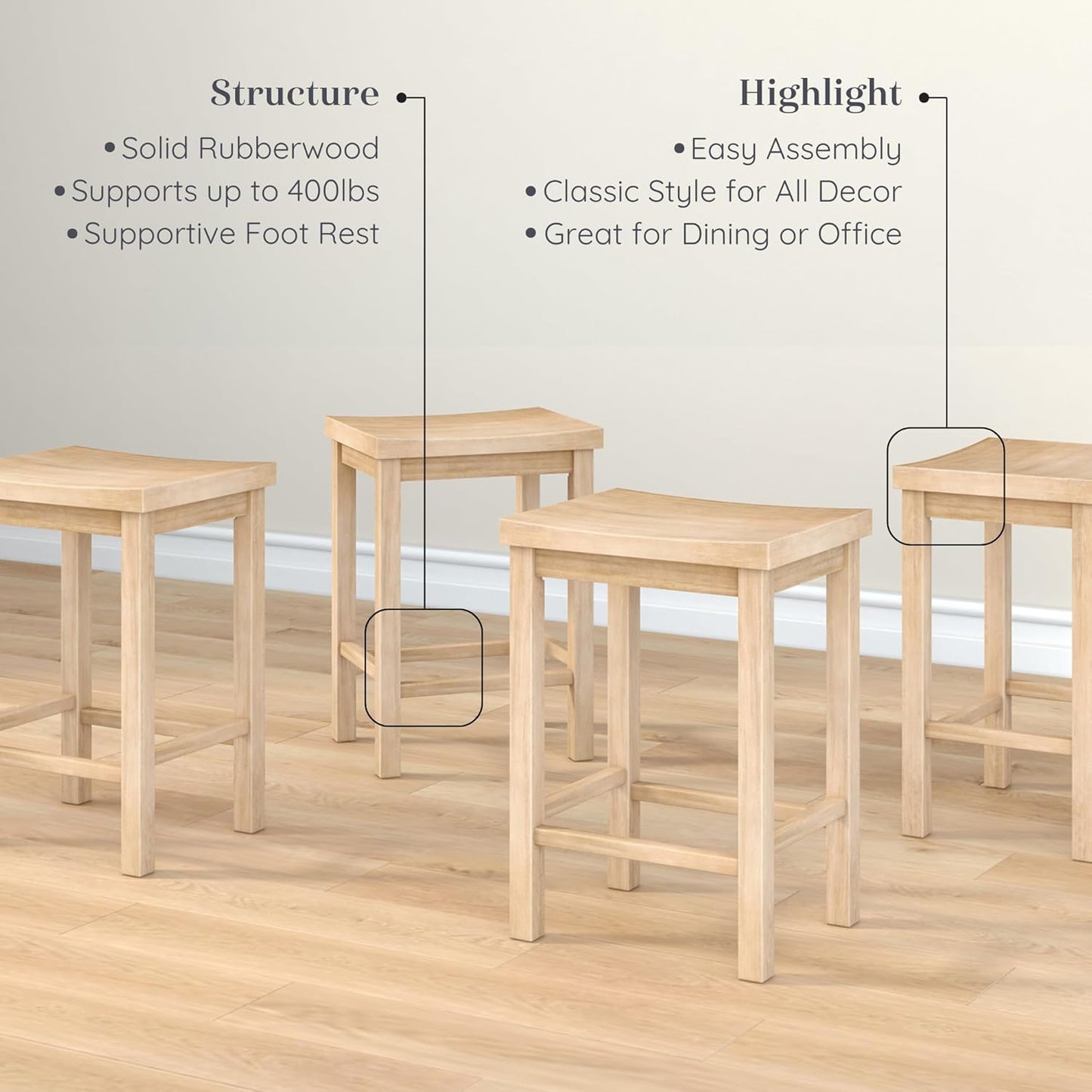 Grain & Grove Smith Collection Set of 4 Solid Wood Counter Height Bar Stools, 24-Inch Saddle Seat Backless Stools, Ideal for Kitchen Island, Dining, or Home Bar Seating, Blonde