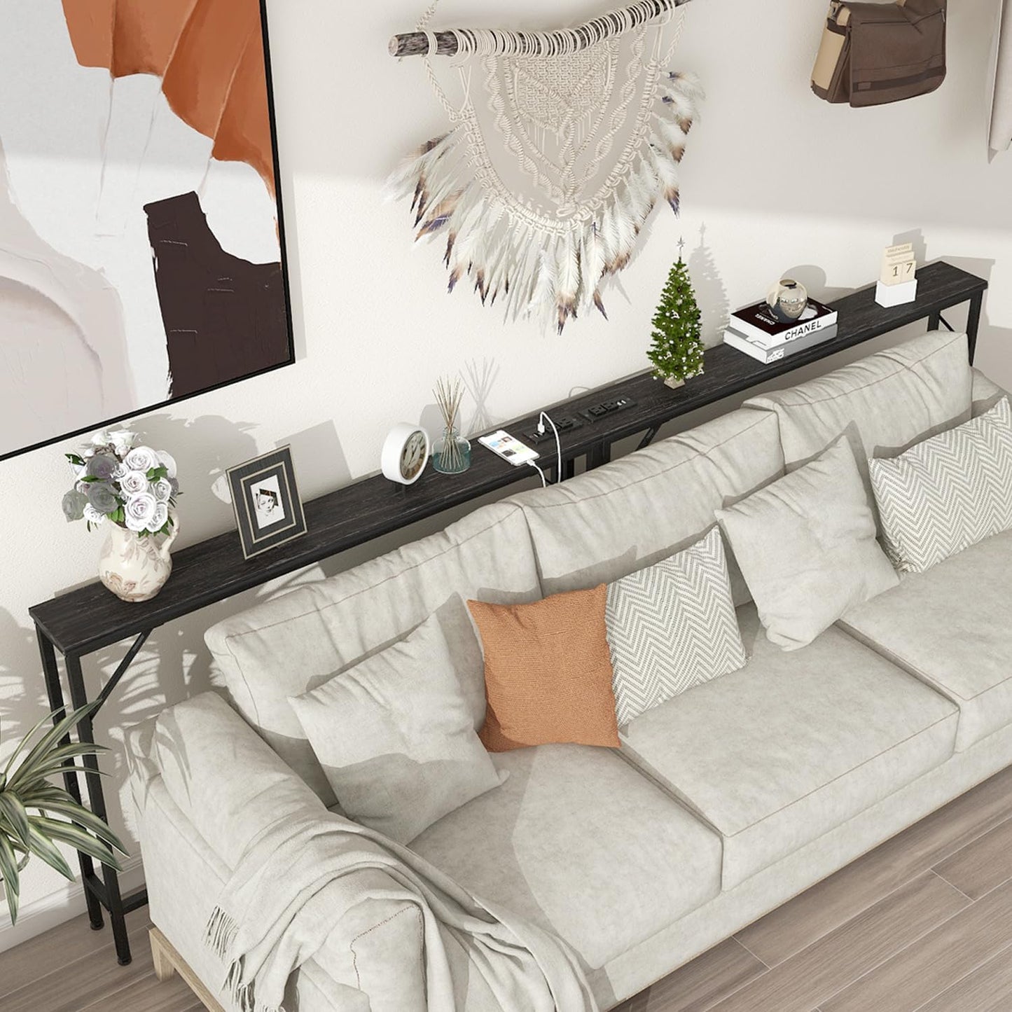 Tohomeor Skinny 5.9" Console Table 47.24" Narrow Long Sofa Table with Power Outlets USB Ports Industrial Wooden Entry Table for Entryway Living Room Hallway (L-94.4xW-5.91, Charcoal)