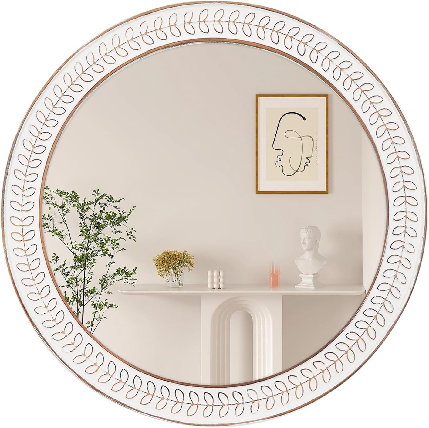 26 inch Round Mirrors for Wall Wood Circle Mirror with Carved Frame Rustic Accent Distressed Decorative for Living Room Bedroom Vanity Entryway Hallway Bathroom - White