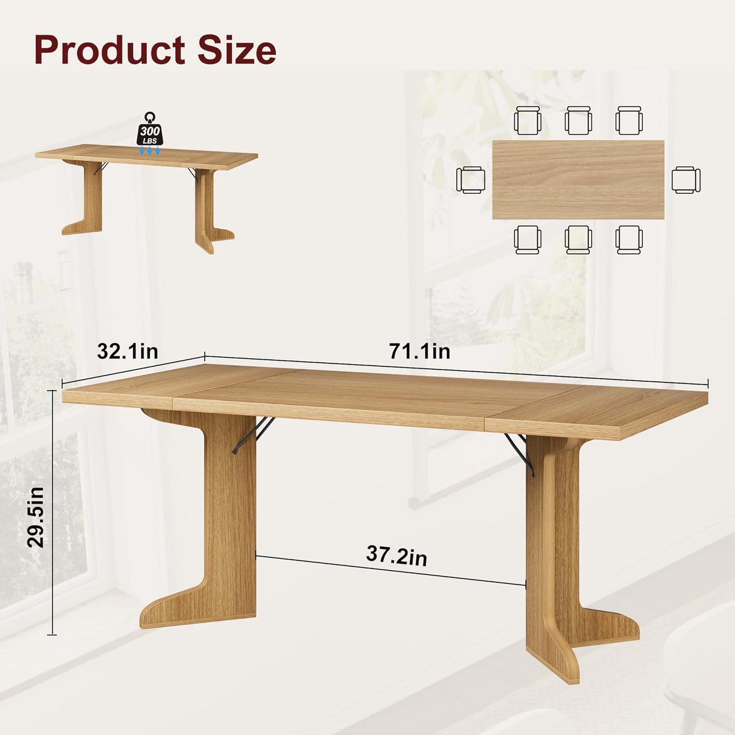 71" Large Dining Table for 6, Farmhouse Kitchen Table with Padded Top and Unique V-Shaped Feet, Rectangular Wooden Dining Table for 8 People for Home, Dining Room, Kitchen, Office,Natural