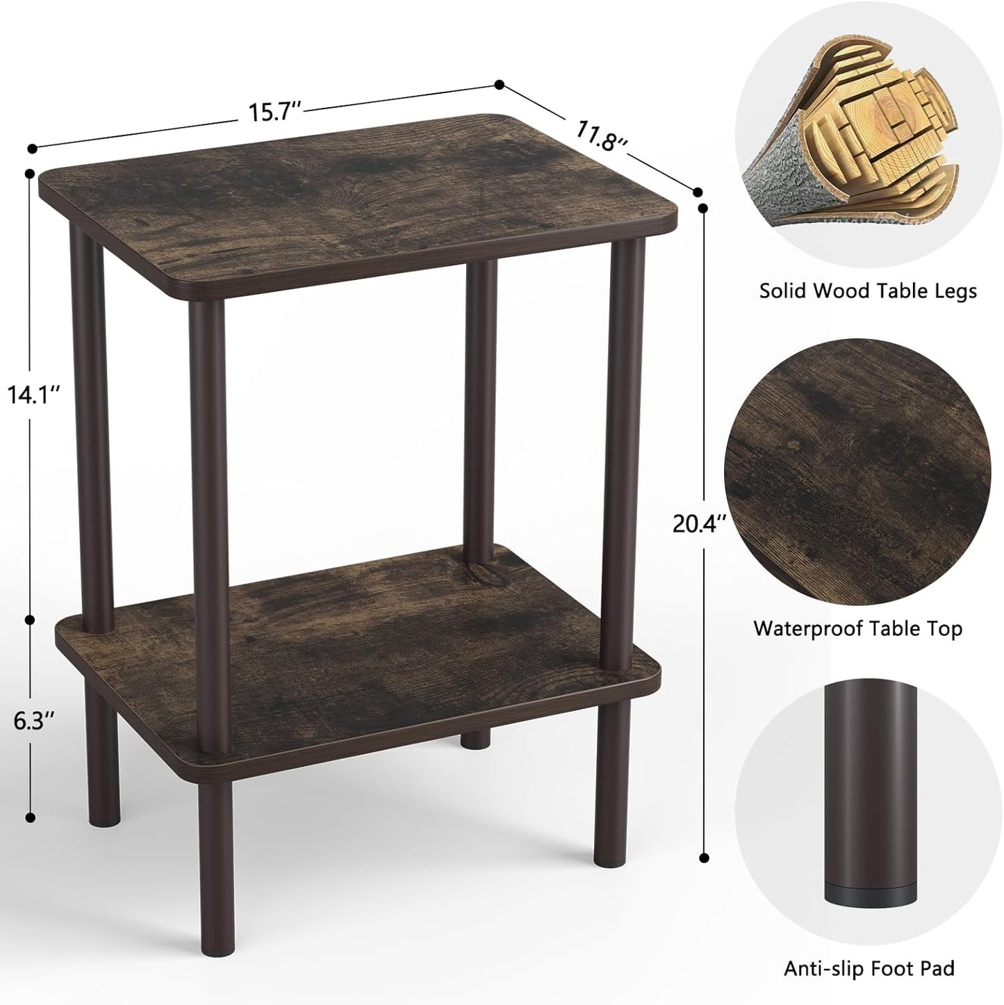 Apicizon 2 Tier End Table Set of 2, Small Side Table with Solid Wood Legs, Boho Bedside Table with Storage Shelf, Nightstand for Small Spaces, Bedroom, Living Room, Entryway, Rustic Oak