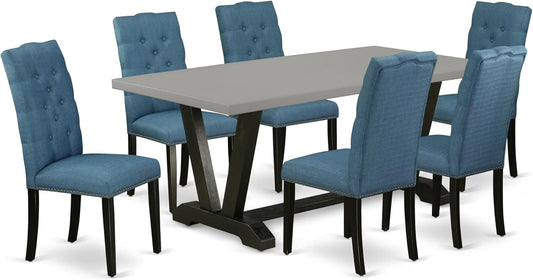 East West Furniture V697EL121-7 7 Piece Dining Set Consist of a Rectangle Dining Room Table with V-Legs and 6 Blue Linen Fabric Upholstered Chairs, 40x72 Inch, Multi-Color