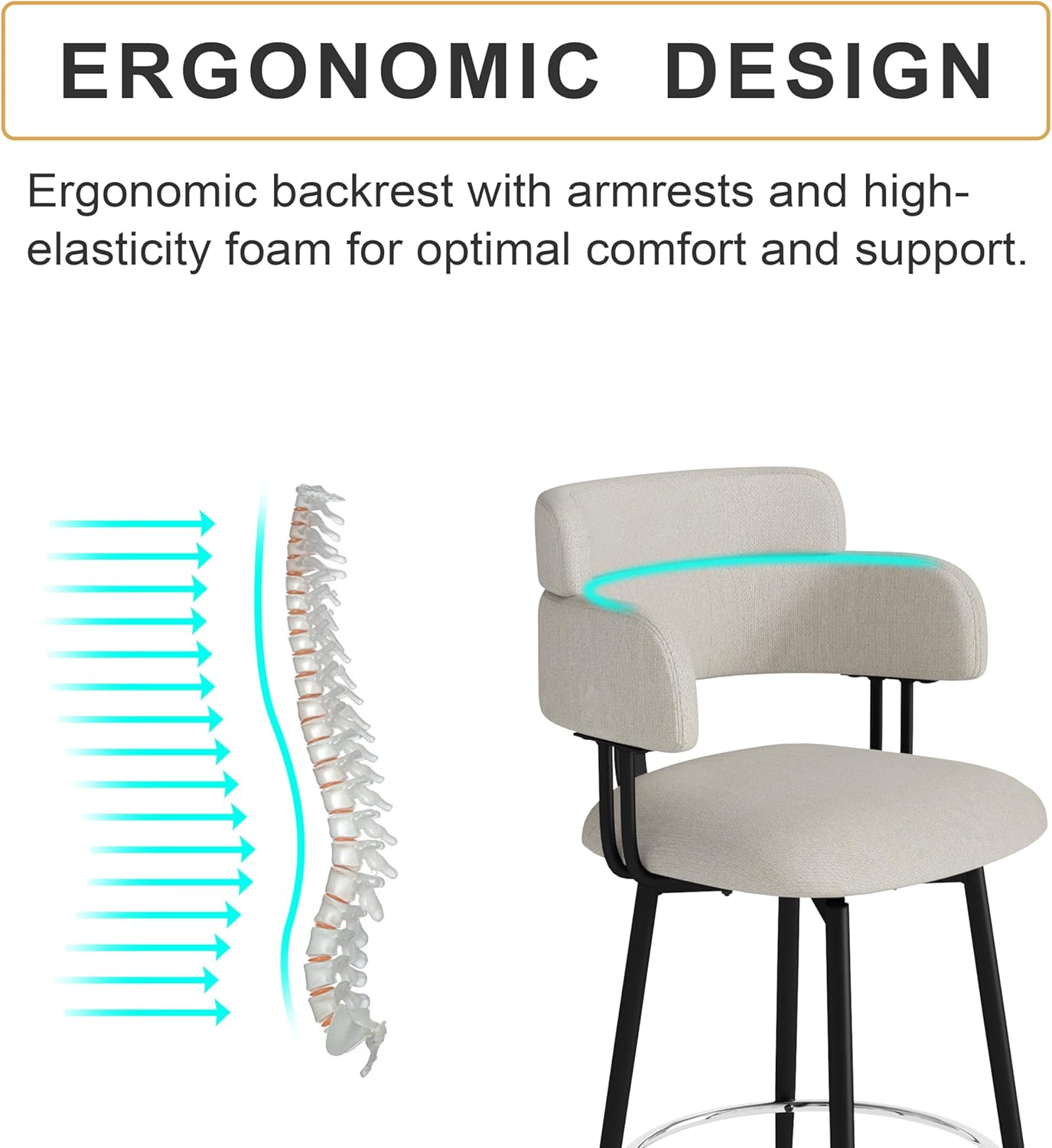 Swivel Bar Stools Set of 2, Counter Height Bar Stools with Ergonomic Full Back, Upholstered Linen Fabric Barstools with Chrome Metal Footrest for Kitchen Island, Dining Room