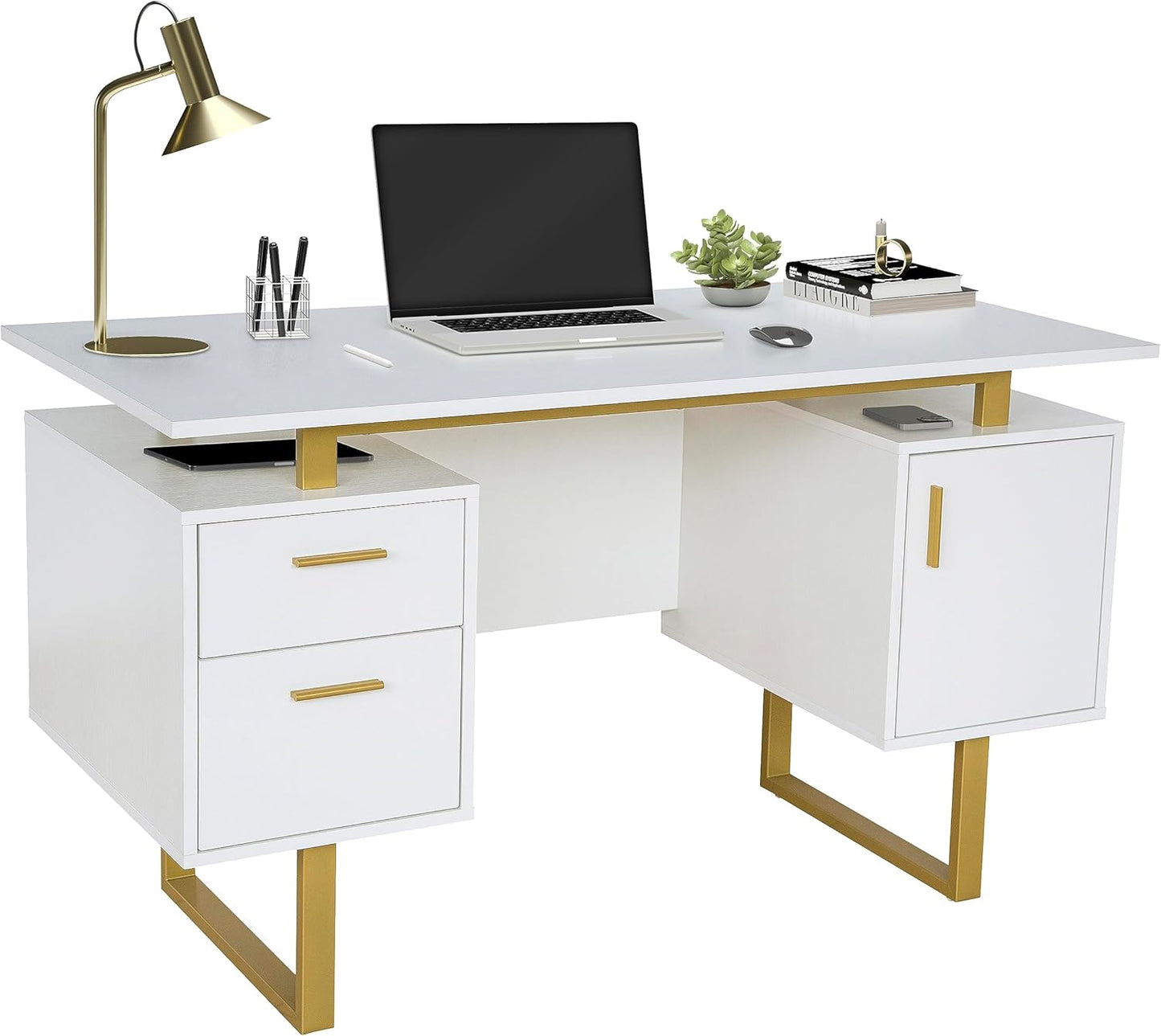 Techni Mobili Storage Drawers and Cabinet 51.25” W-Modern Office Large Floating Desktop Surface Desk, 23.6" D x 51.2" W x 29.8" H, White/Gold