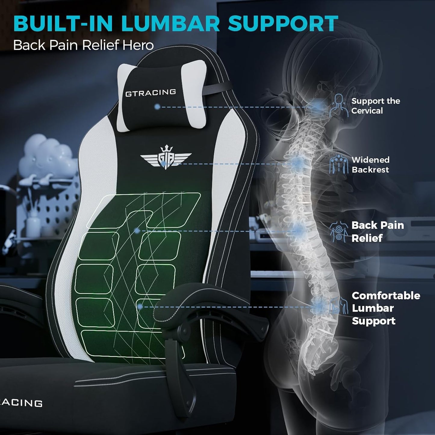 GTPLAYER Big and Tall Gaming Chair Breathable Fabric Computer Chair with Strong Lumbar Support, Comfortable Office Chairs with Pocket Spring Cushion, High Back Ergonomic Desk Chairs with Footrest