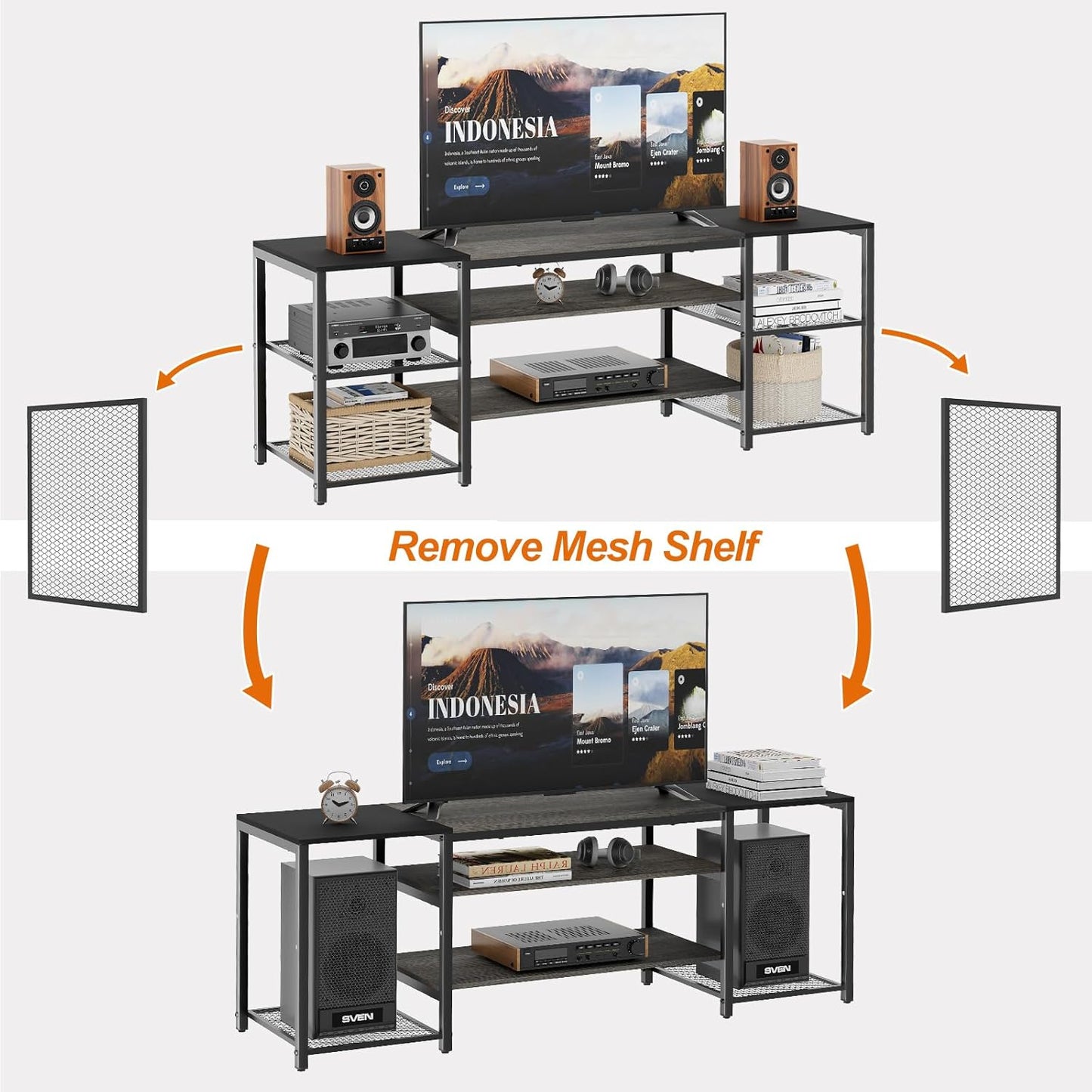 Modern Television Stand for 65 Inch TVs with Industrial Color Grey & Black, Metal Frame Storage Shelves with Open 3-Tier for Entertainment Center, Bedroom, Living Room