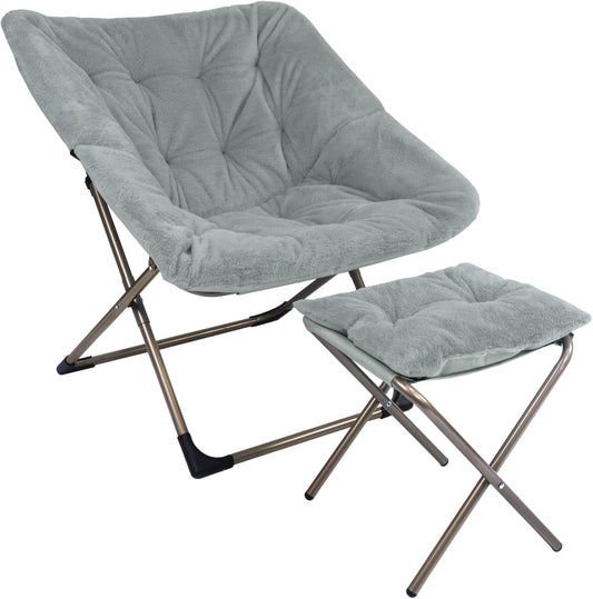 Kokel Plush Folding Chair and Ottoman Padded Metal Frame Living Room Chair (Light GRAY-TM21)