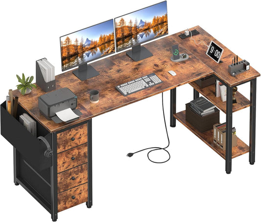 Lufeiya L Shaped Computer Desk with Drawers & Storage Shelves, 63 Inch Corner Desk with Power Outlet for Home Office Bedroom, L-Shaped Teen PC Gaming Desks with Fabric Drawer, Rustic Brown