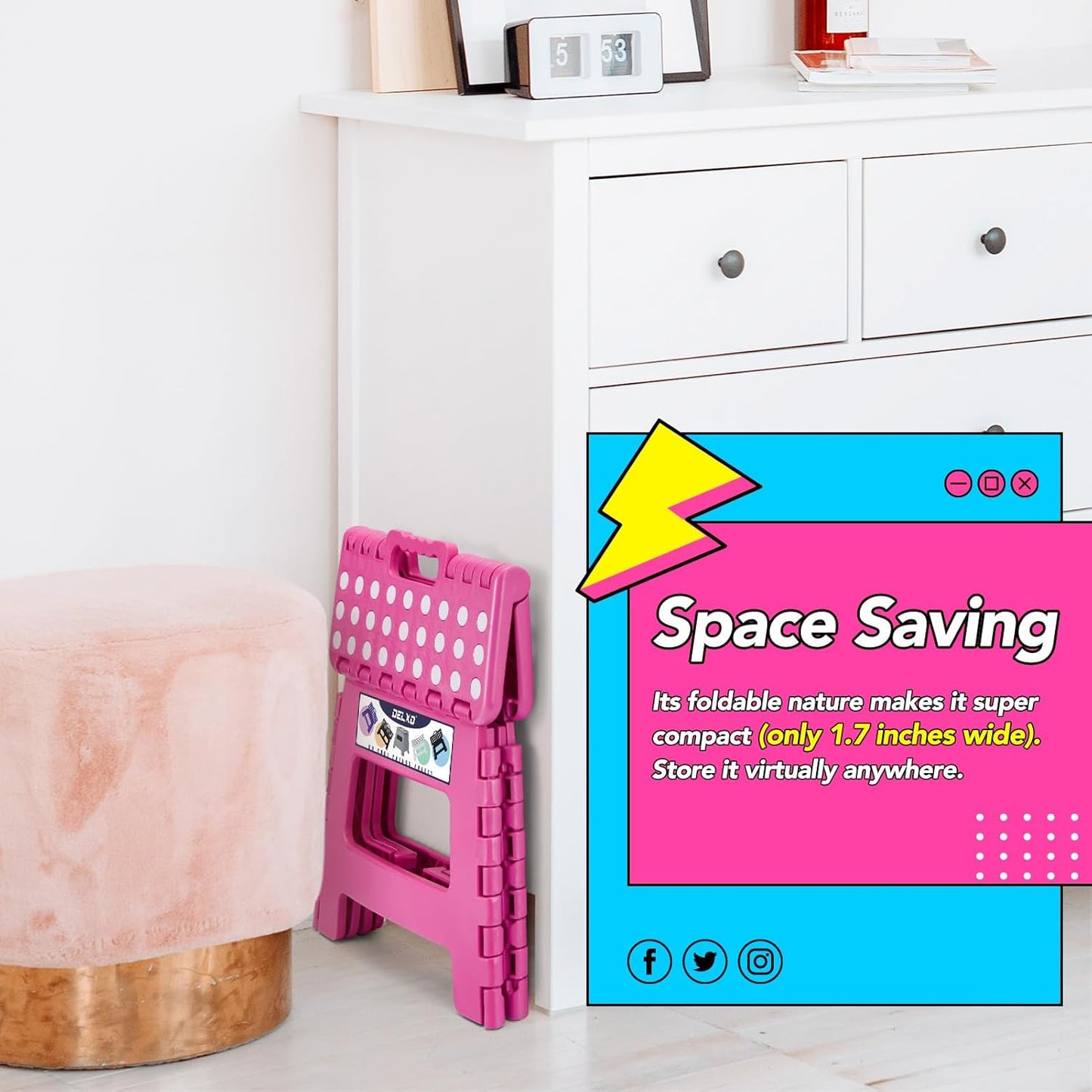 Delxo Folding Step Stool, 9 inch Non-Slip Foldable Stools Up to 300 LBS, Step Stool with Handle, Lightweight for Kitchen, Bathroom, Bedroom, Garden, Rose Pink, 1PC