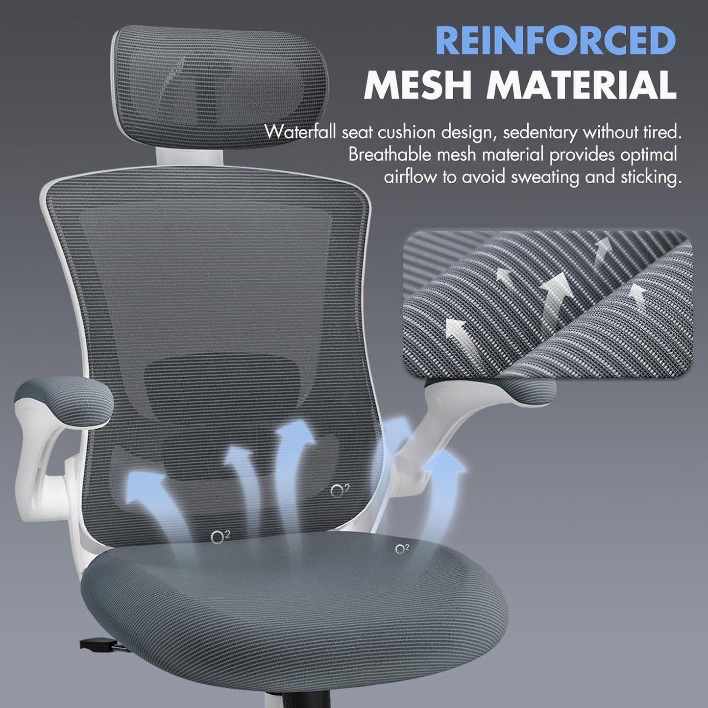 Ergonomic Office Chair with Adjustable Lumbar Support & Headrest, High Back Mesh Desk Chair with Flip-Up Armrests, Breathable & Comfortable Computer Chair for Home, Office & Study –Grey
