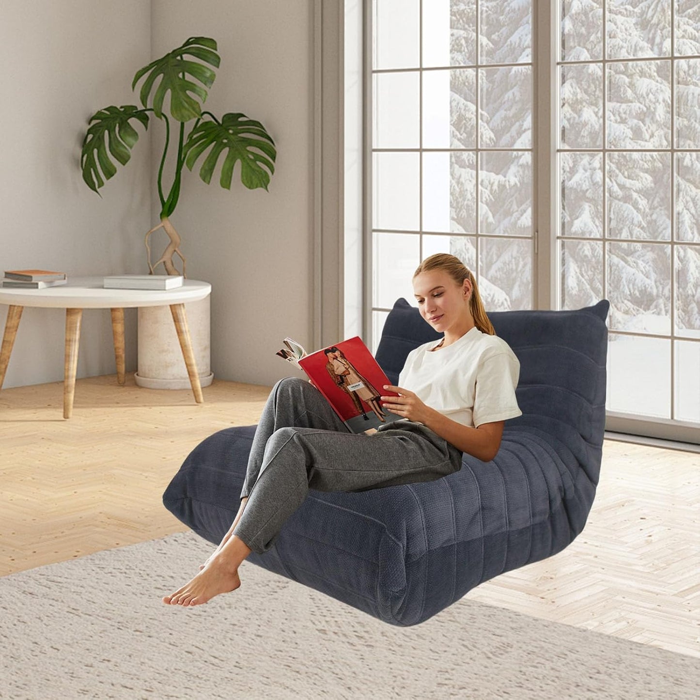 Bean Bag Chair - Memory Foam Bean Bag Chair for Adults, Comfy High-Resilience Single Sofa, Small Space Floor Chair, Chaise Lounge for Living Room, Bedroom (Dark Blue, Wrinkles)