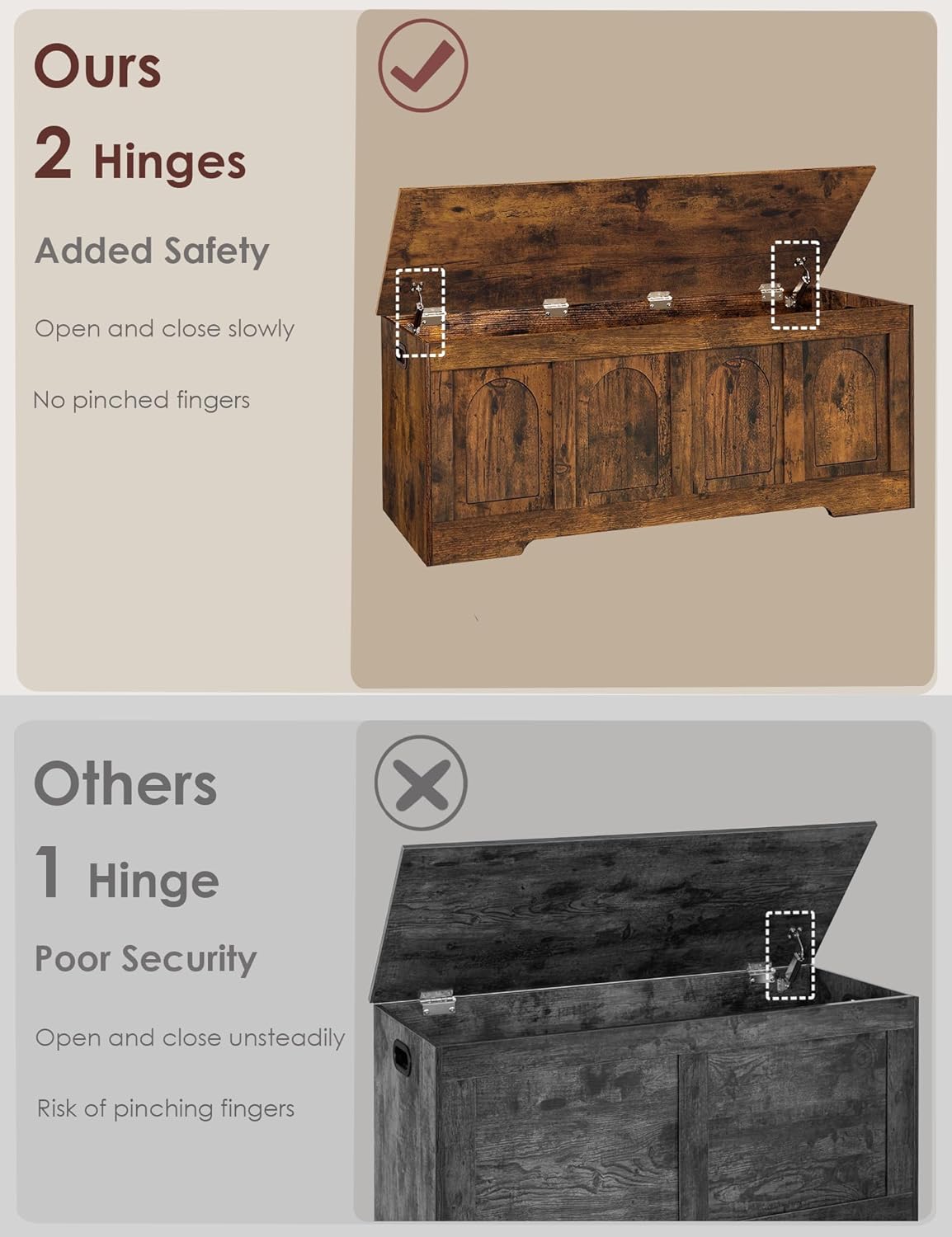 DINZI LVJ Storage Chest, 47.2”Wooden Storage Box with 2 Safety Hinges, Entryway Shoe Bench with Flip-Top, Large Trunk for Living Room, Bedroom, Easy Assembly, Rustic Brown