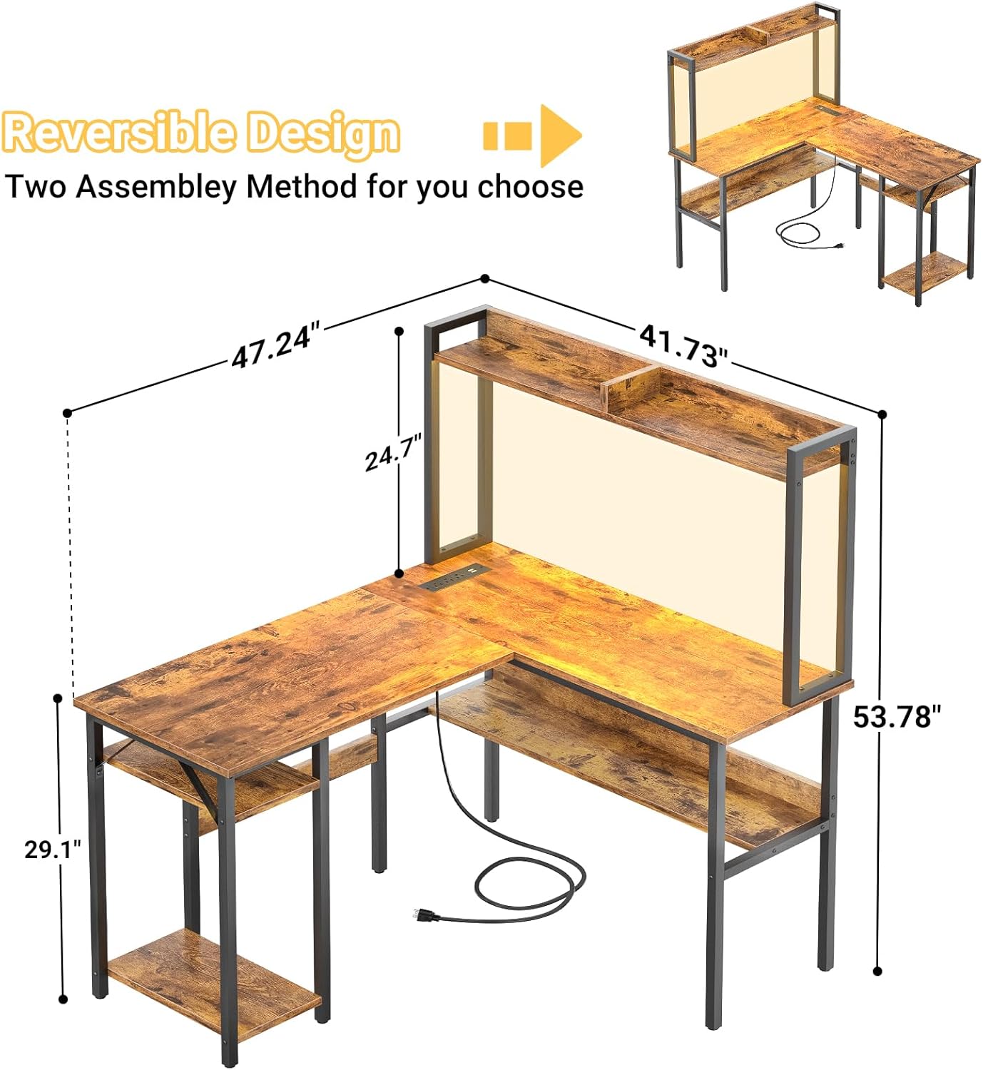 Unikito L Shaped Gaming Desk with LED Strip and Power Outlets, Reversible L-Shaped Computer Desk with Storage Shelves, Corner Desk with Hutch, 2 Person Home Office Desk, Rustic Brown