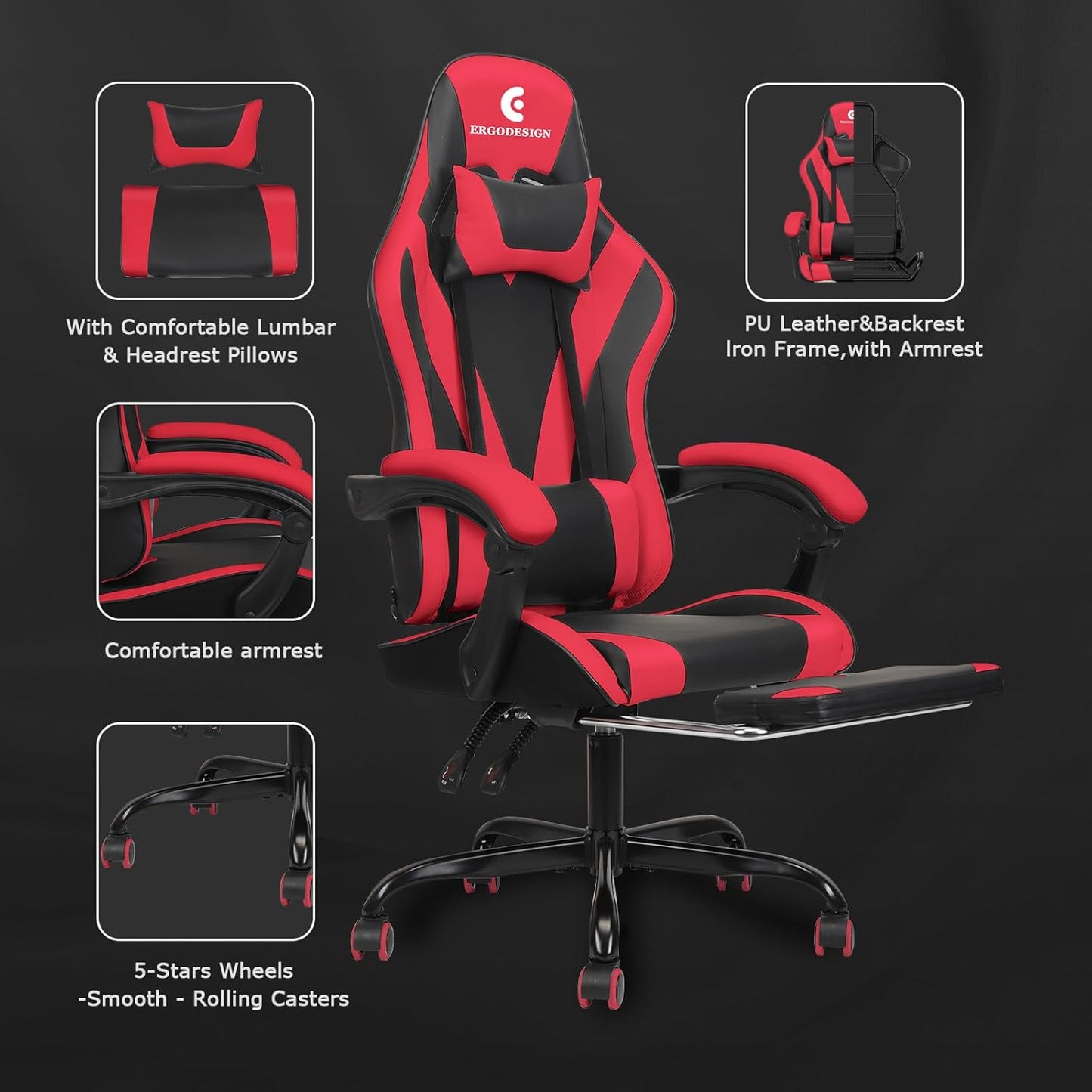 Gaming Chair with Linkage Armrest & Footrest, High Back Video Gaming Chair, Black/Red