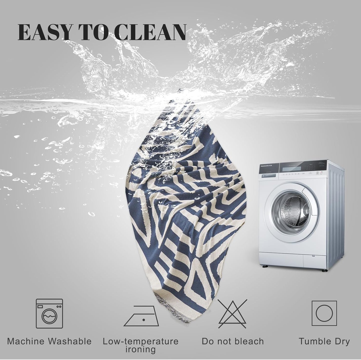 HANDONTIME Boho Couch Covers for Sofa Chenille Sofa Covers Washable Sectional Sofa Cover Blanket Geometric Reversible Couch Cover for L Shaped Couch Couch Protector for Dogs, 91" X134", Denim Blue