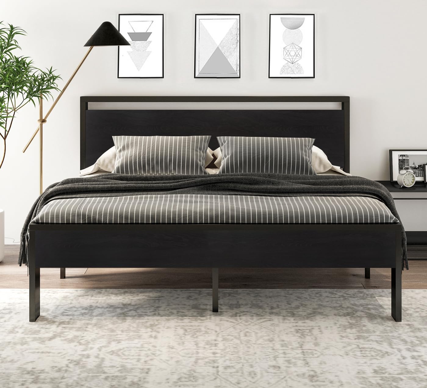SHA CERLIN 14 Inch King Size Metal Platform Bed Frame with Wooden Headboard and Footboard, Mattress Foundation, No Box Spring Needed, Large Under Bed Storage,Black Oak
