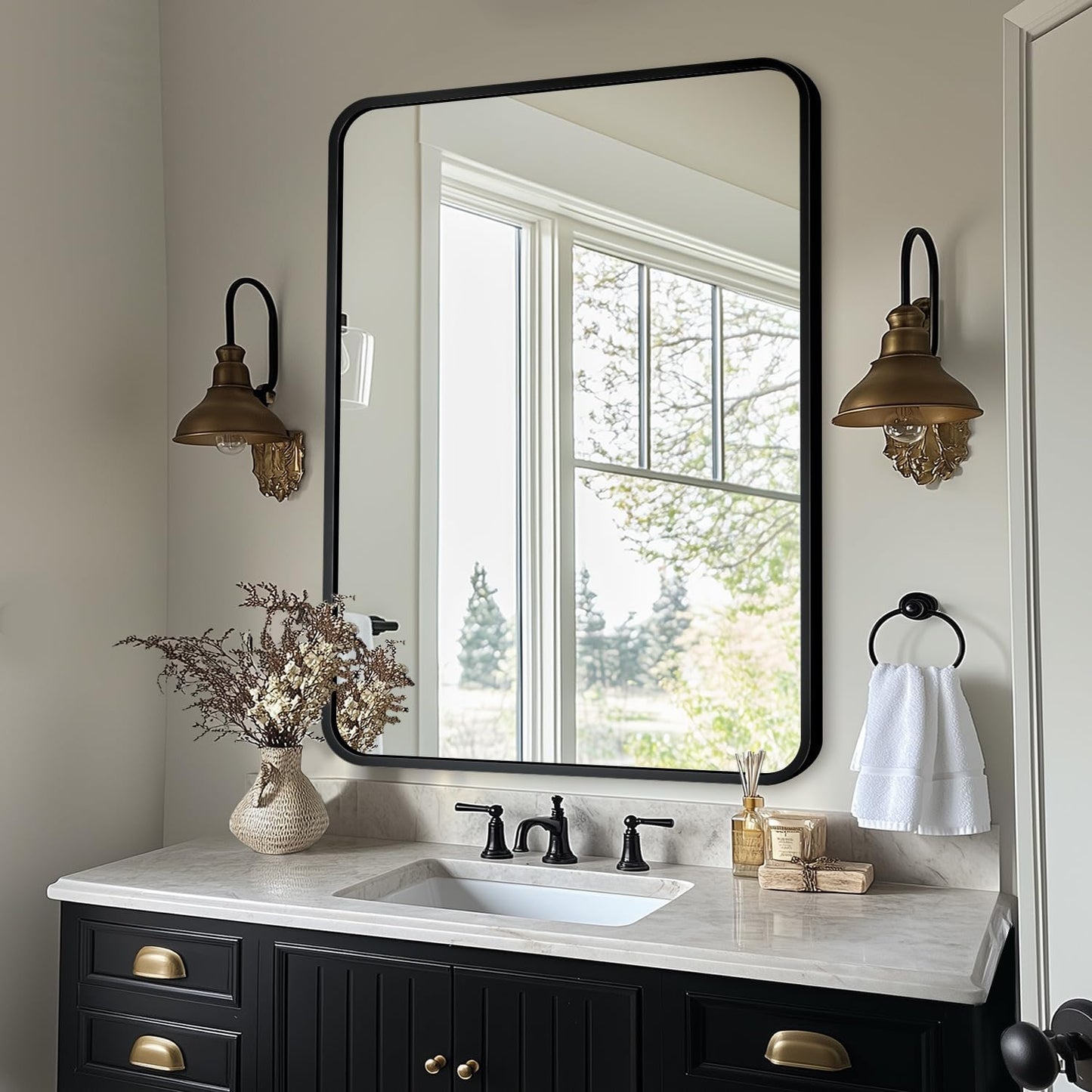 Bathroom Mirror, 40" x 30" Wall Mirror, Rectangular Aluminum Alloy Frame Contemporary Hanging Mirror for Living Room Bathroom Entryway, Black Rounded Corner