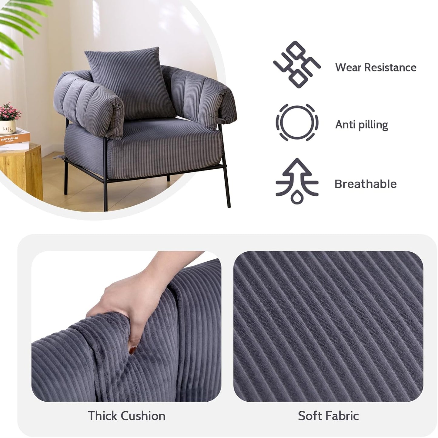 HollyHOME Modern Velvet Accent Chair, Upholstered Comfy Reading Chair, Fabric Large Lazy Arm Chair with Soft Cushion, Metal Frame Lounge Sofa Chair for Living Room, Bedroom, Balcony,Dark Grey