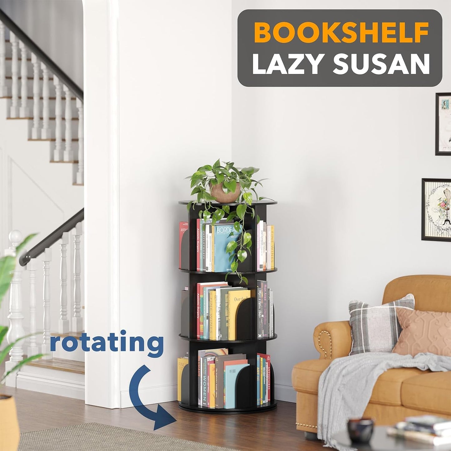 SpaceAid 3 Tier Rotating Bookshelf Tower, Spinning Bookcase Lazy Susan, Revolving 360 Book Shelf Storage Round Carousel, Vertical Rotate Turning Spiral Corner Organizer, Black